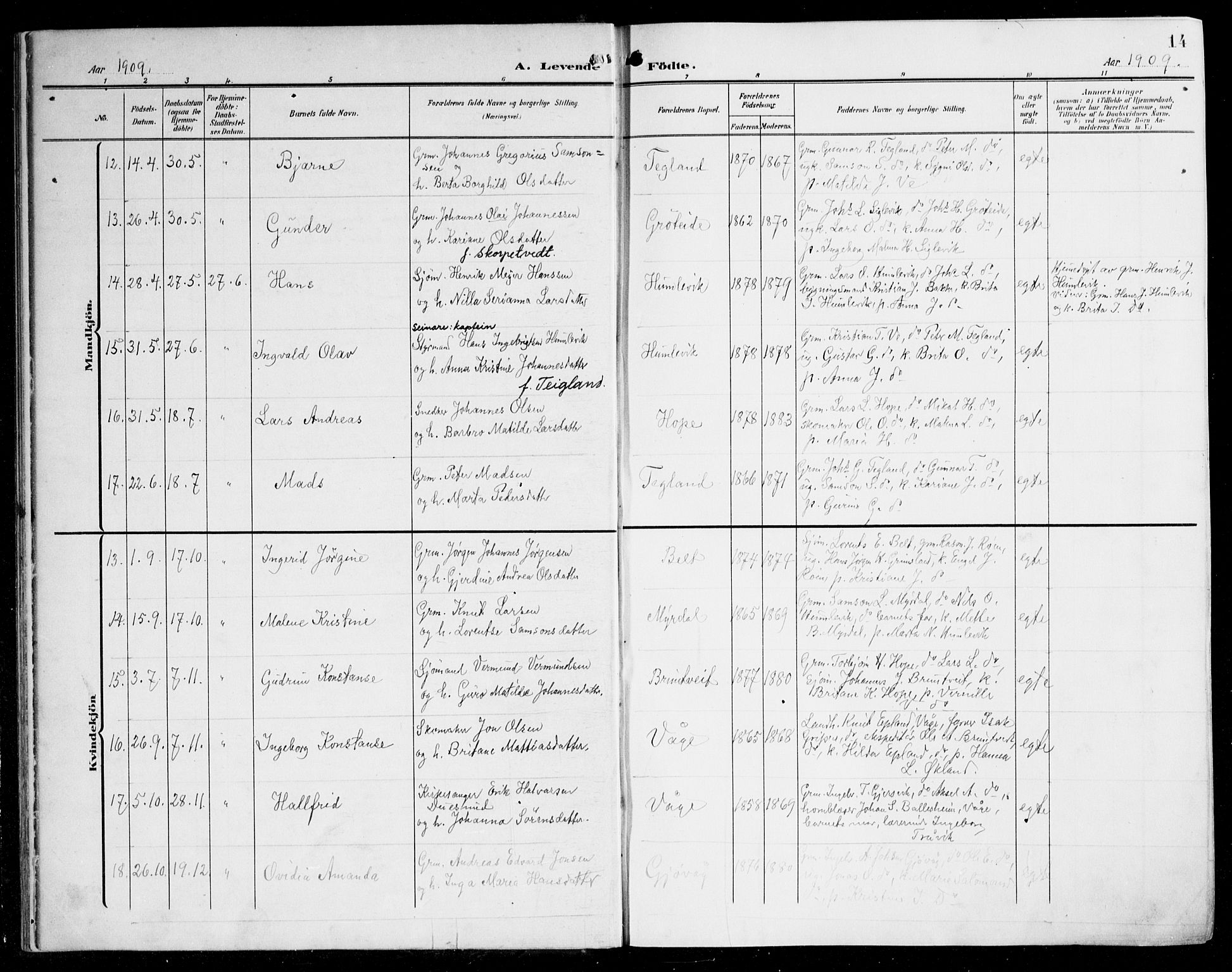 Tysnes sokneprestembete, AV/SAB-A-78601/H/Haa: Ministerialbok nr. B 2, 1907-1925, s. 14