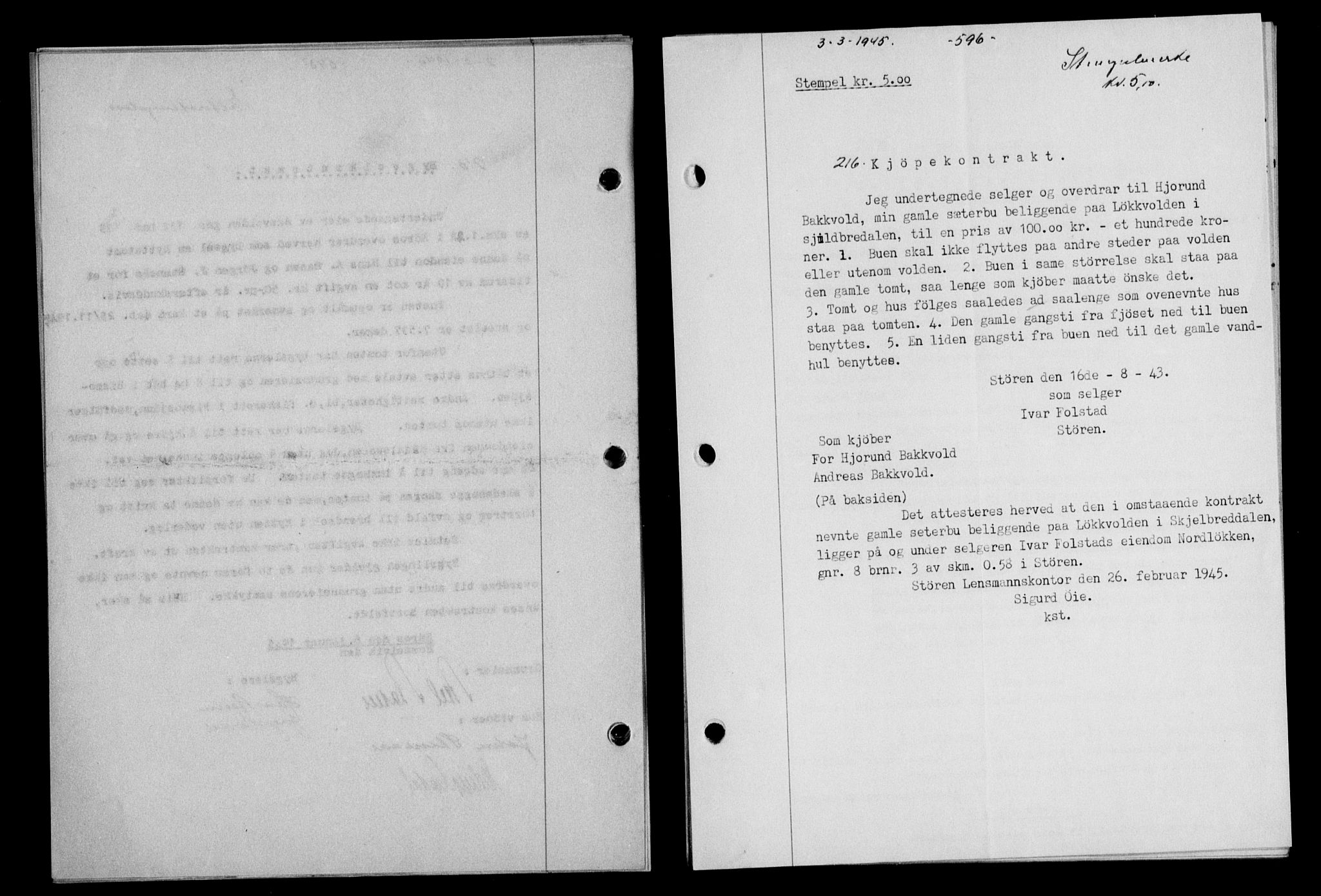 Gauldal sorenskriveri, SAT/A-0014/1/2/2C/L0058: Pantebok nr. 63, 1944-1945, Dagboknr: 216/1945