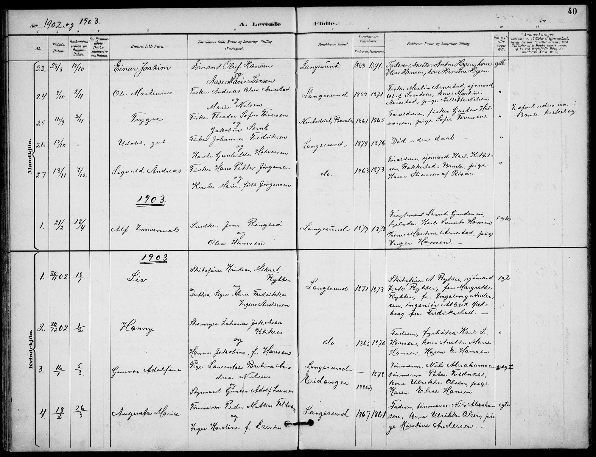 Langesund kirkebøker, AV/SAKO-A-280/F/Fa/L0003: Ministerialbok nr. 3, 1893-1907, s. 40