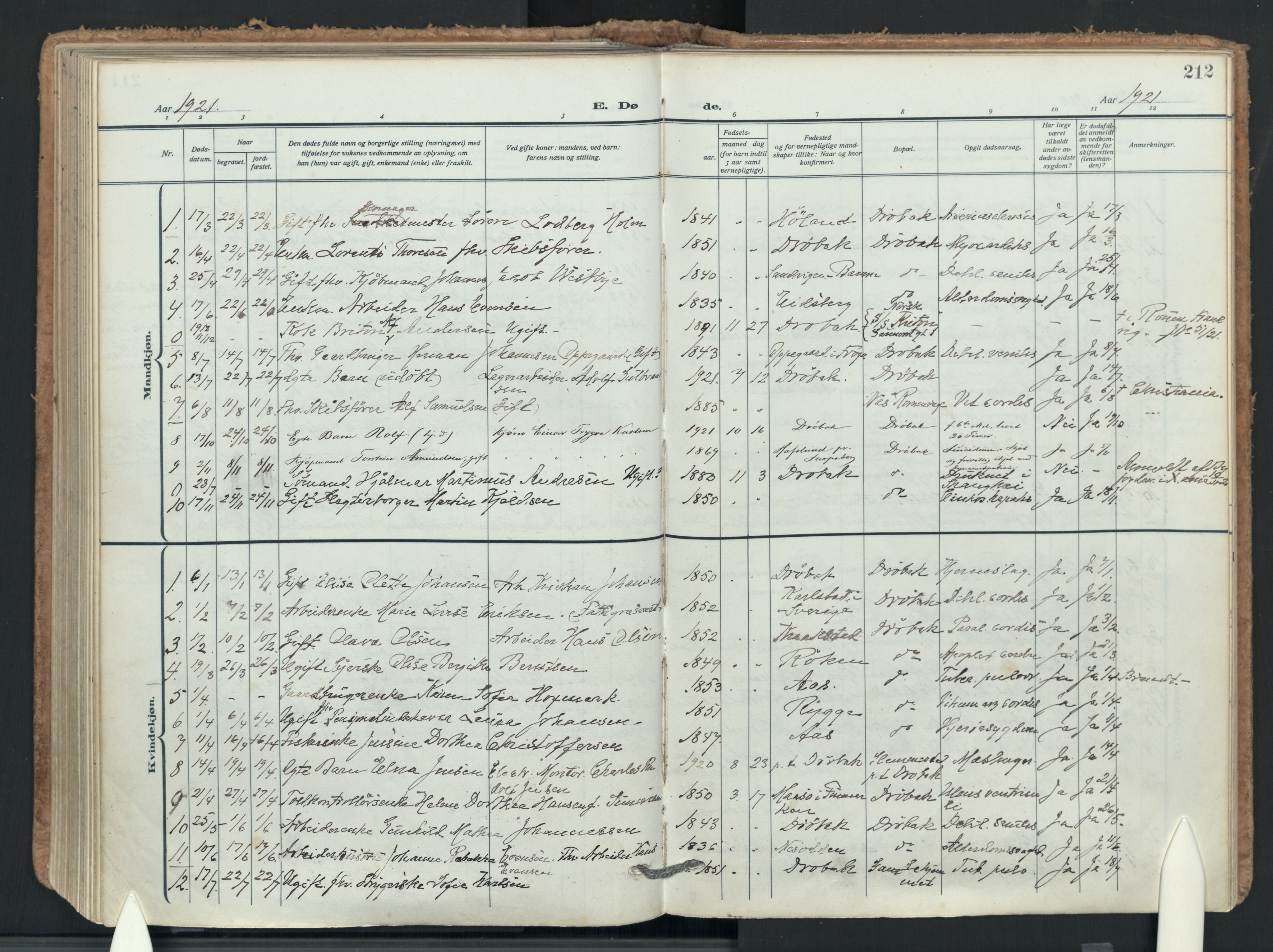 Drøbak prestekontor Kirkebøker, AV/SAO-A-10142a/F/Fb/L0004: Ministerialbok nr. II 4, 1918-1933, s. 212
