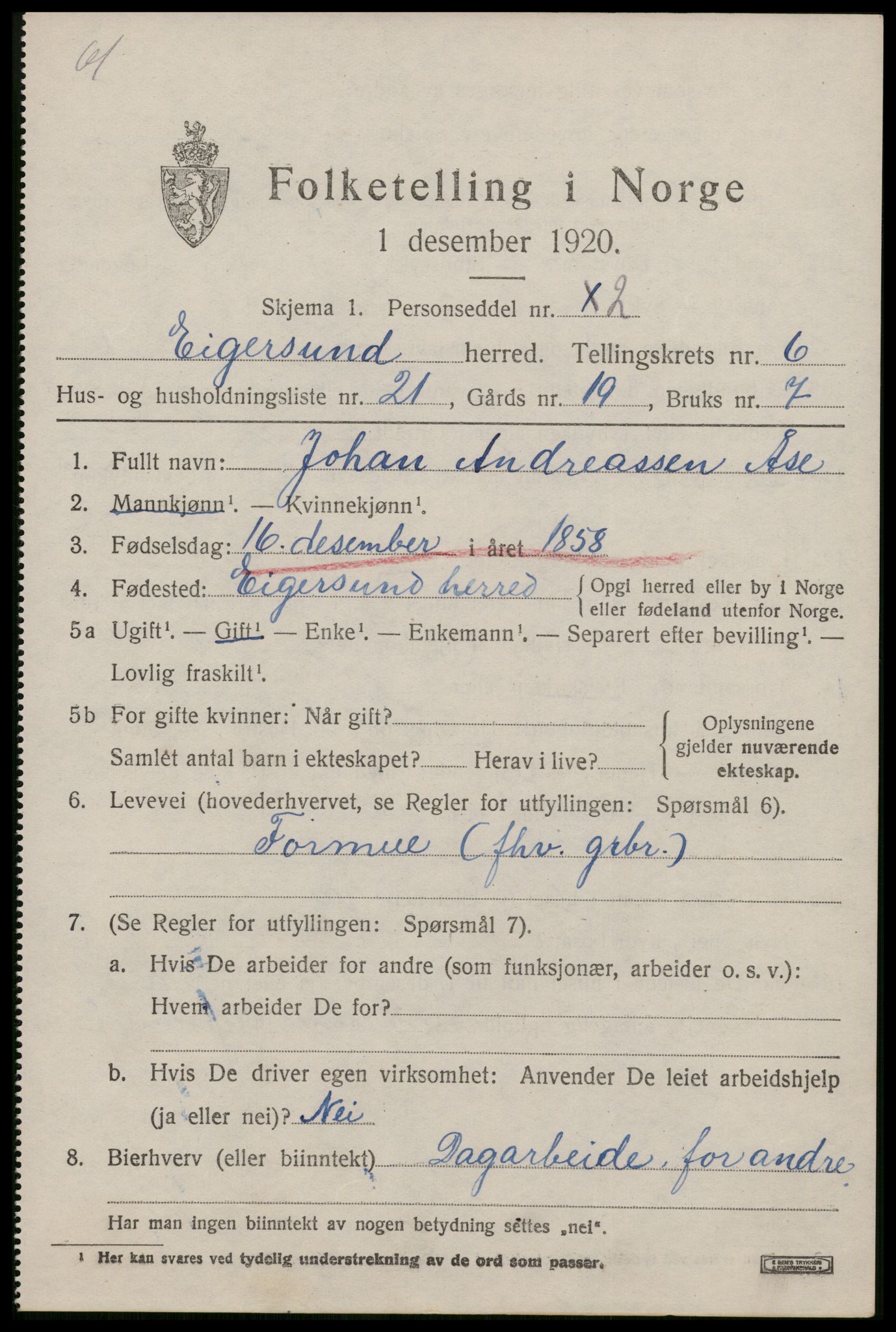 SAST, Folketelling 1920 for 1116 Eigersund herred, 1920, s. 4107