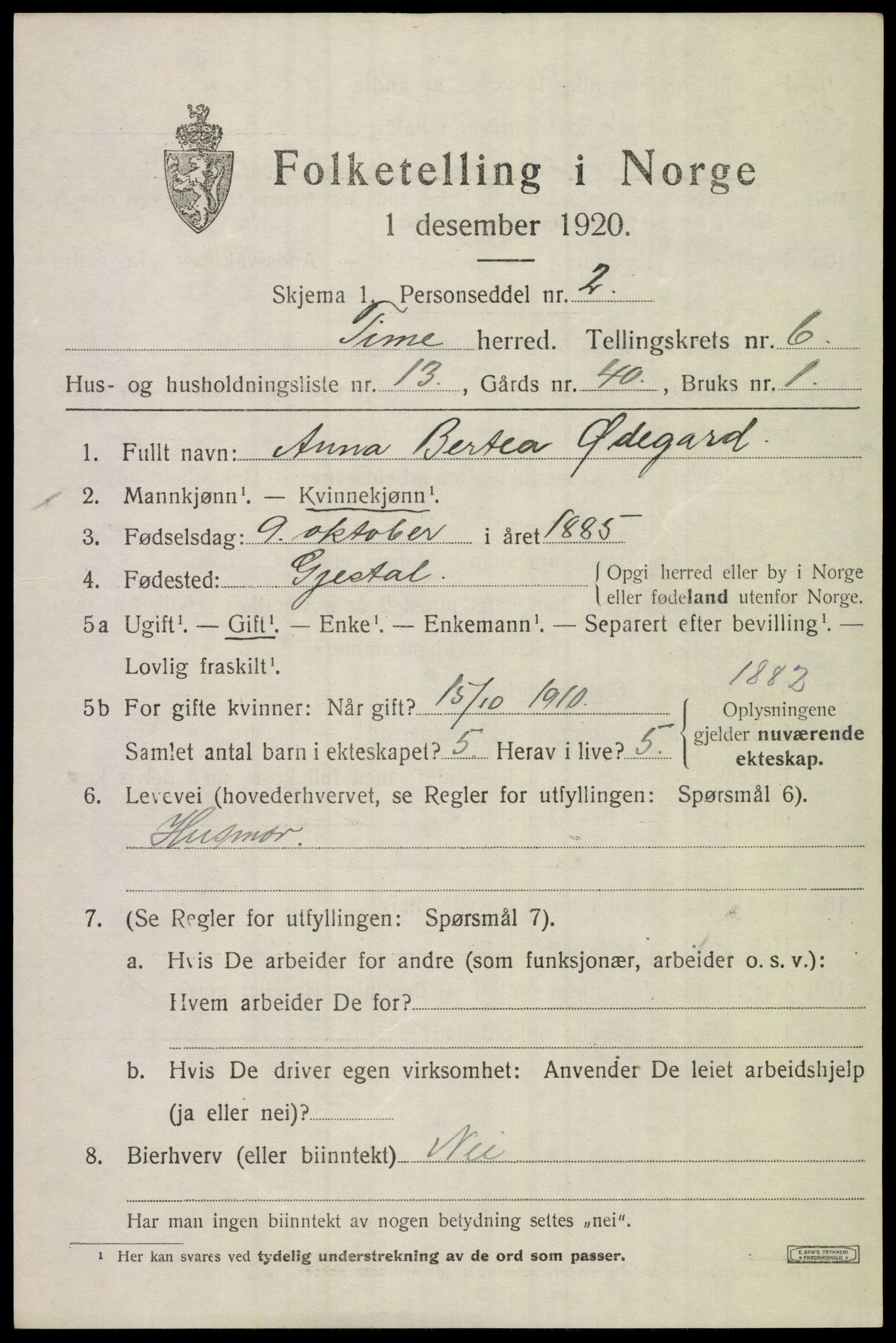 SAST, Folketelling 1920 for 1121 Time herred, 1920, s. 7111