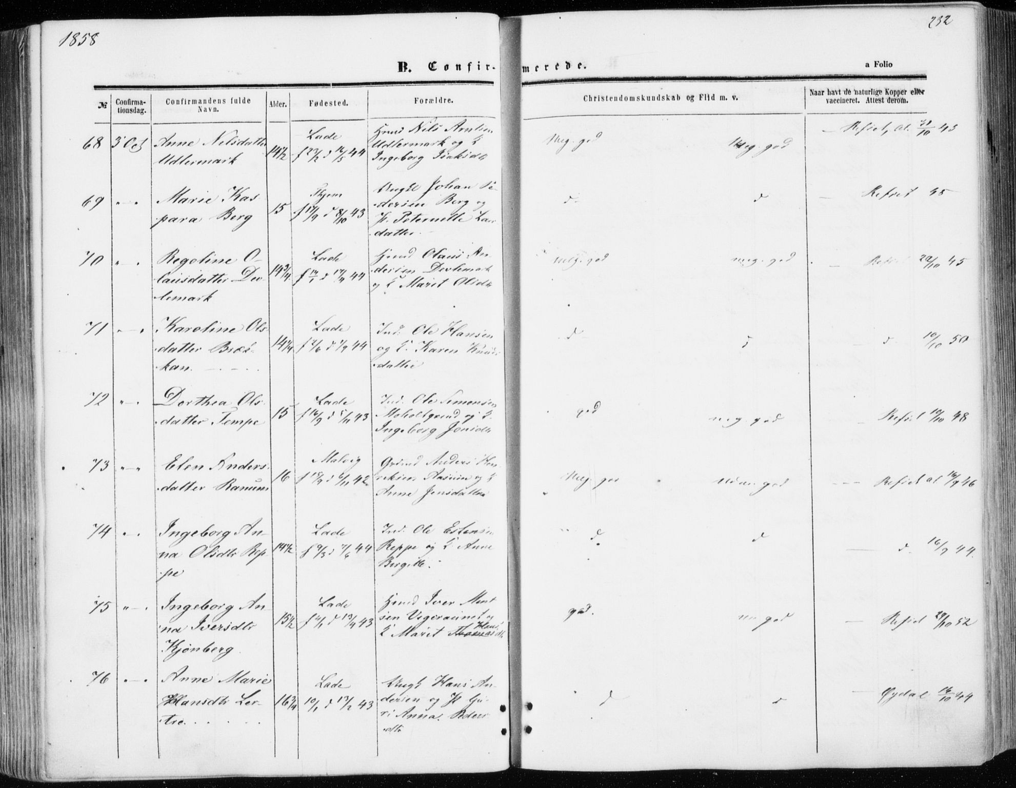 Ministerialprotokoller, klokkerbøker og fødselsregistre - Sør-Trøndelag, SAT/A-1456/606/L0292: Ministerialbok nr. 606A07, 1856-1865, s. 232