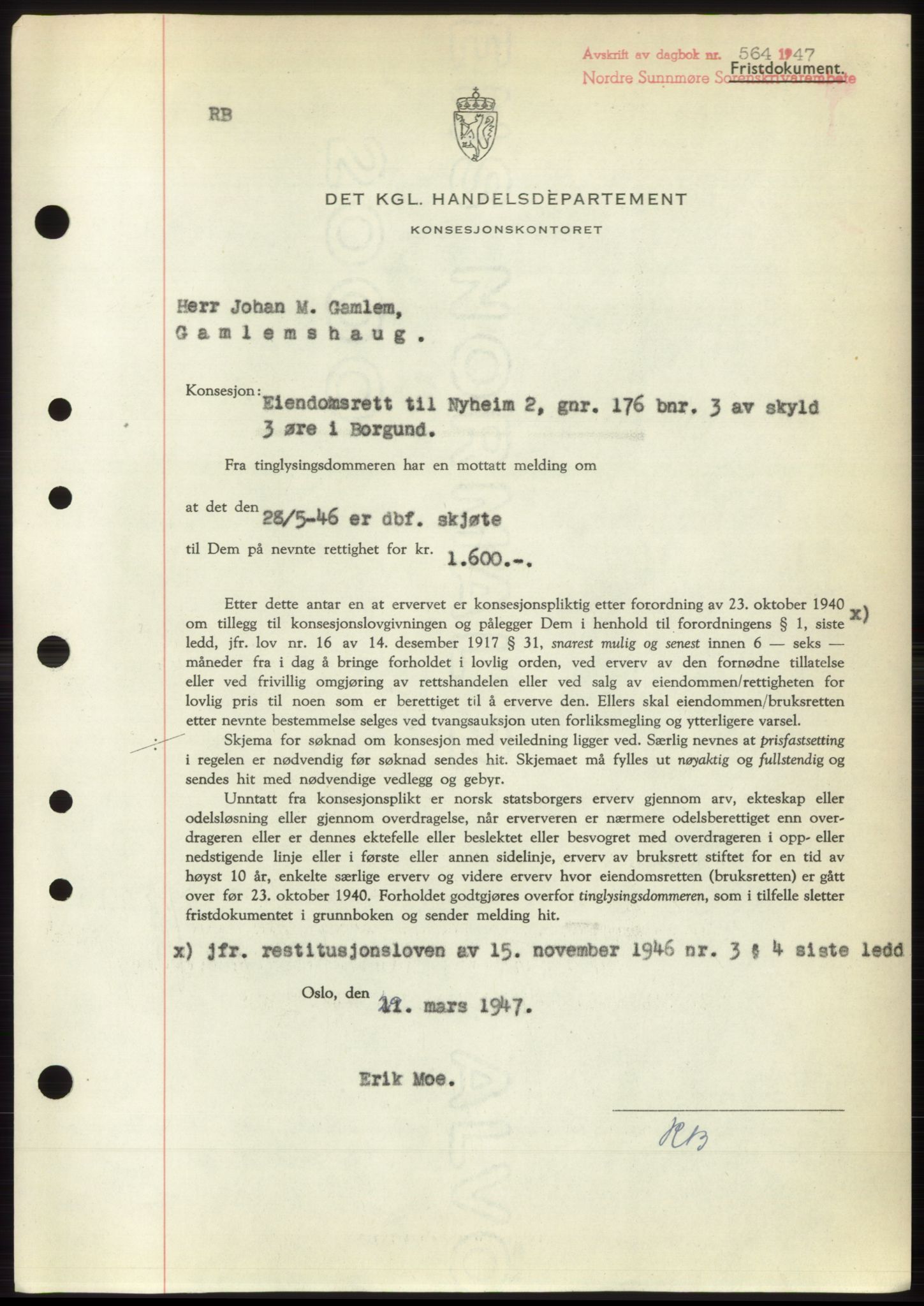 Nordre Sunnmøre sorenskriveri, SAT/A-0006/1/2/2C/2Ca: Pantebok nr. B6-14 b, 1946-1947, Dagboknr: 564/1947