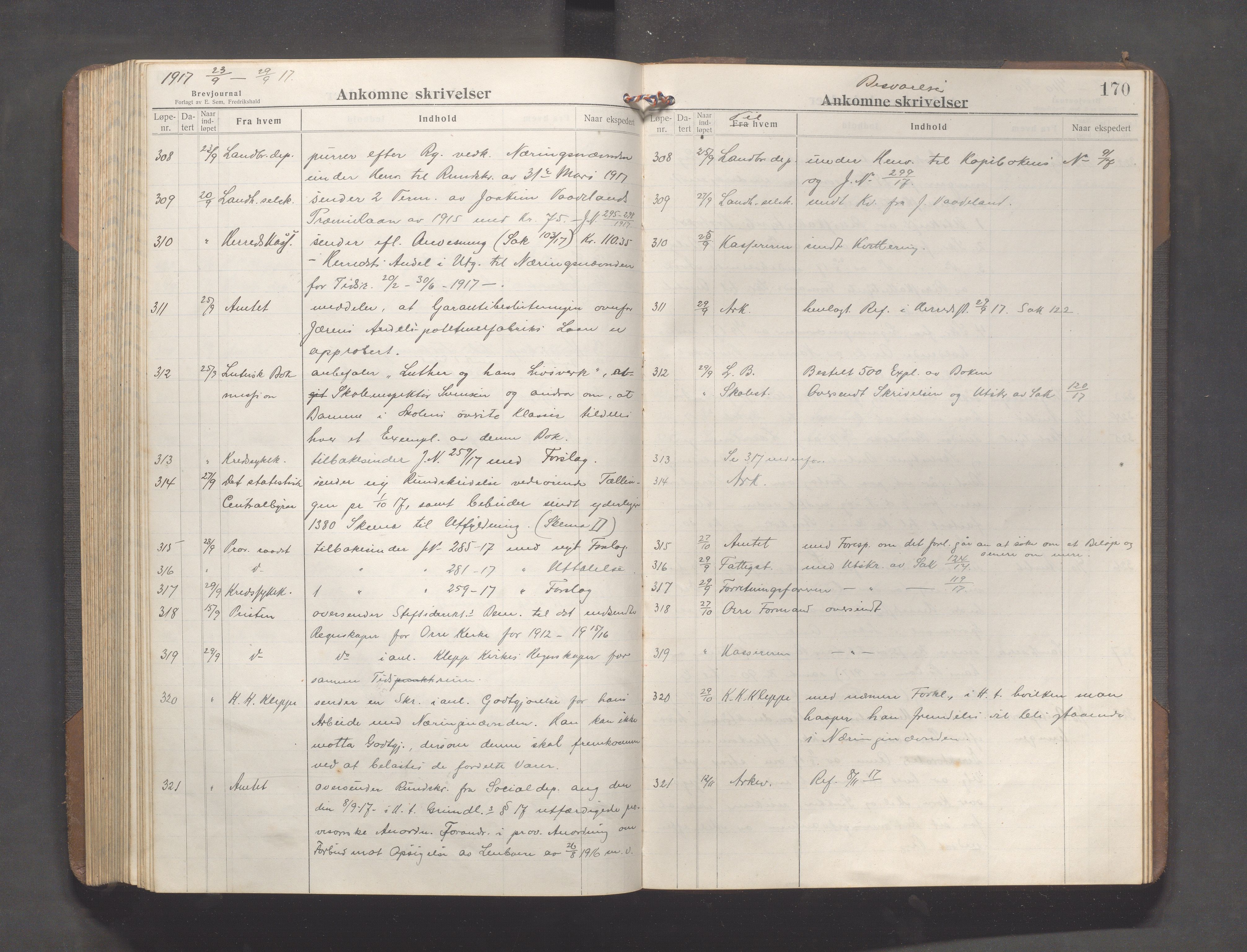 Klepp kommune - Formannskapet, IKAR/K-100277/C/L0004: Brevjournal, 1913-1918, s. 170