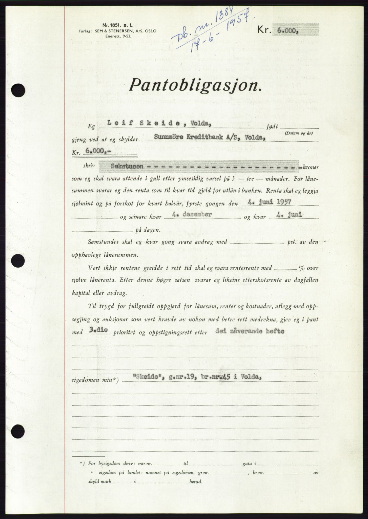 Søre Sunnmøre sorenskriveri, AV/SAT-A-4122/1/2/2C/L0130: Pantebok nr. 18B, 1957-1958, Dagboknr: 1384/1957