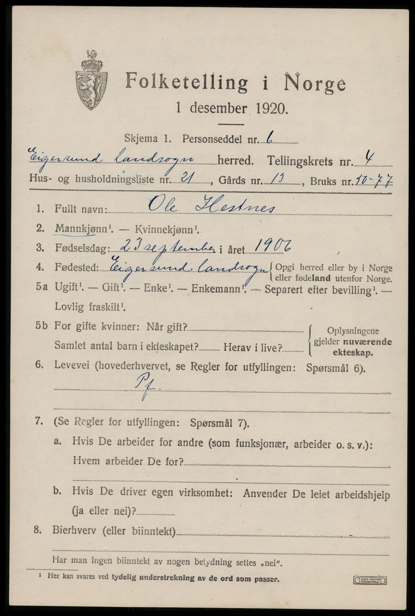 SAST, Folketelling 1920 for 1116 Eigersund herred, 1920, s. 3087