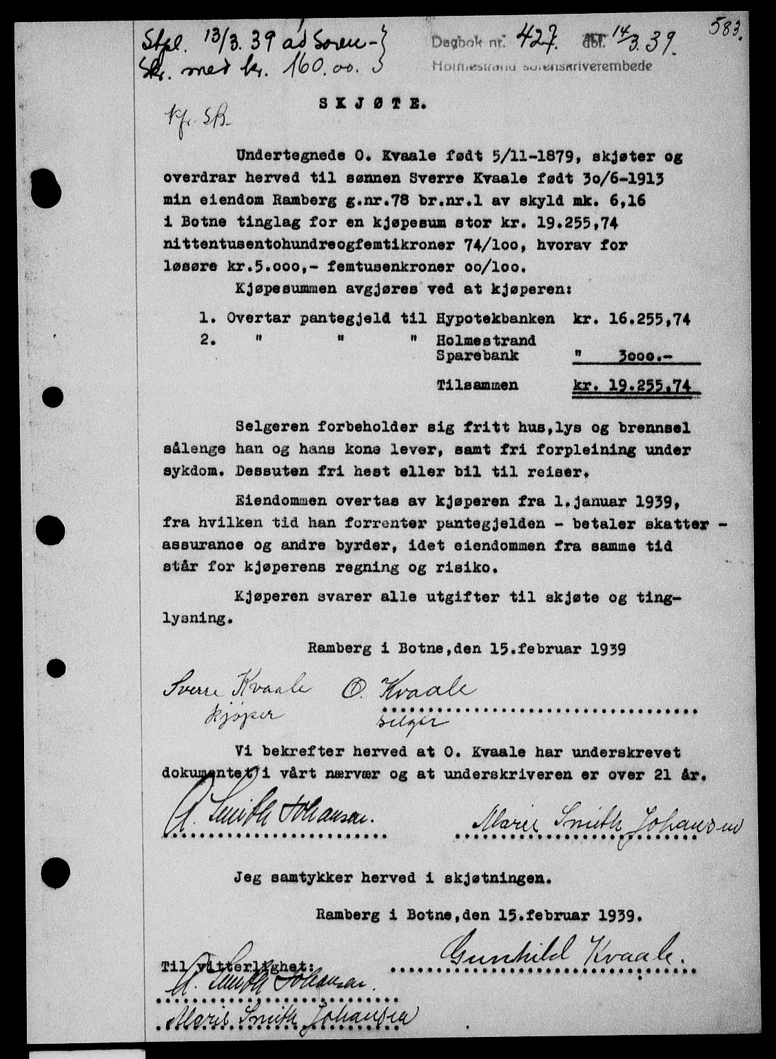 Holmestrand sorenskriveri, SAKO/A-67/G/Ga/Gaa/L0050: Pantebok nr. A-50, 1938-1939, Dagboknr: 427/1939