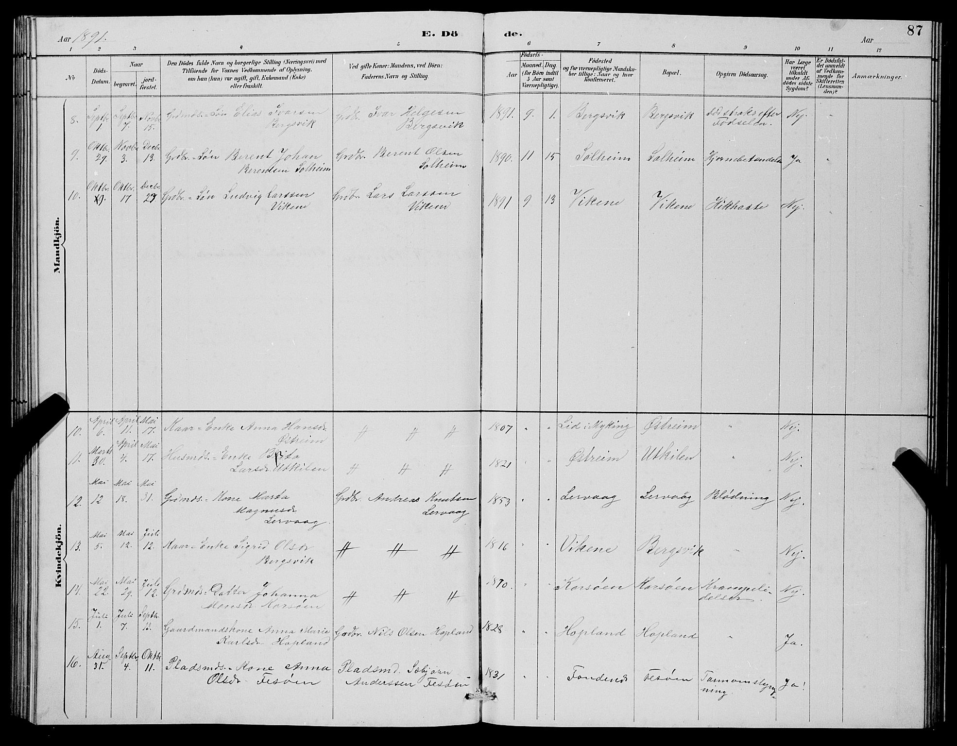 Lindås Sokneprestembete, AV/SAB-A-76701/H/Hab/Habc/L0003: Klokkerbok nr. C 3, 1886-1893, s. 87