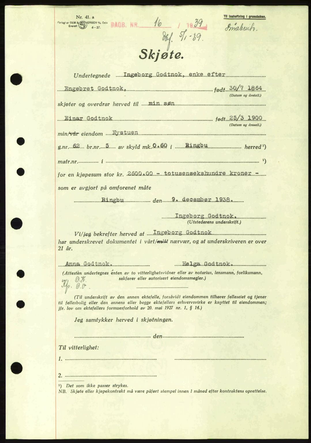 Sør-Gudbrandsdal tingrett, SAH/TING-004/H/Hb/Hbd/L0005: Pantebok nr. A5, 1938-1939, Dagboknr: 16/1939