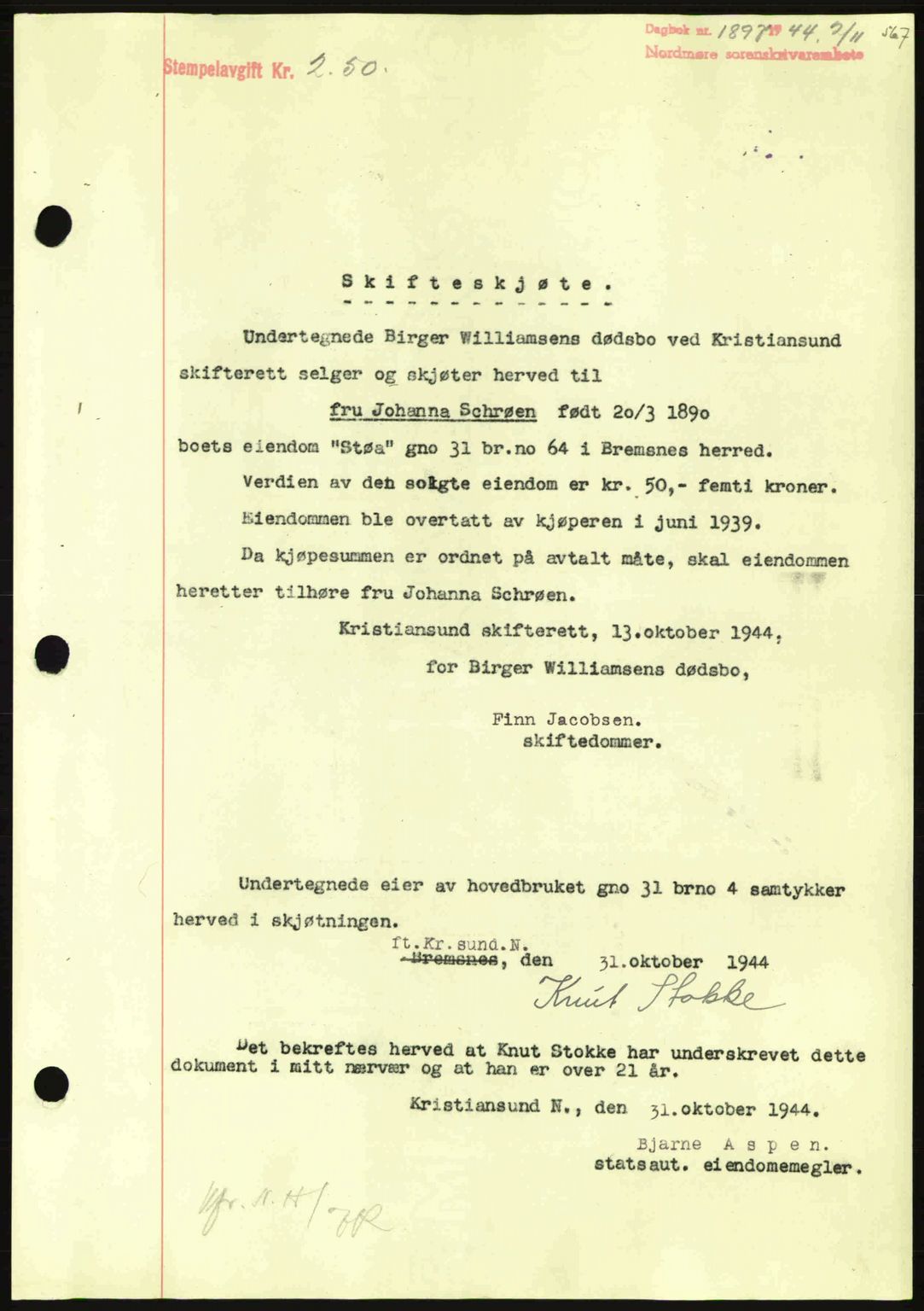 Nordmøre sorenskriveri, SAT/A-4132/1/2/2Ca: Pantebok nr. A98, 1944-1944, Dagboknr: 1897/1944