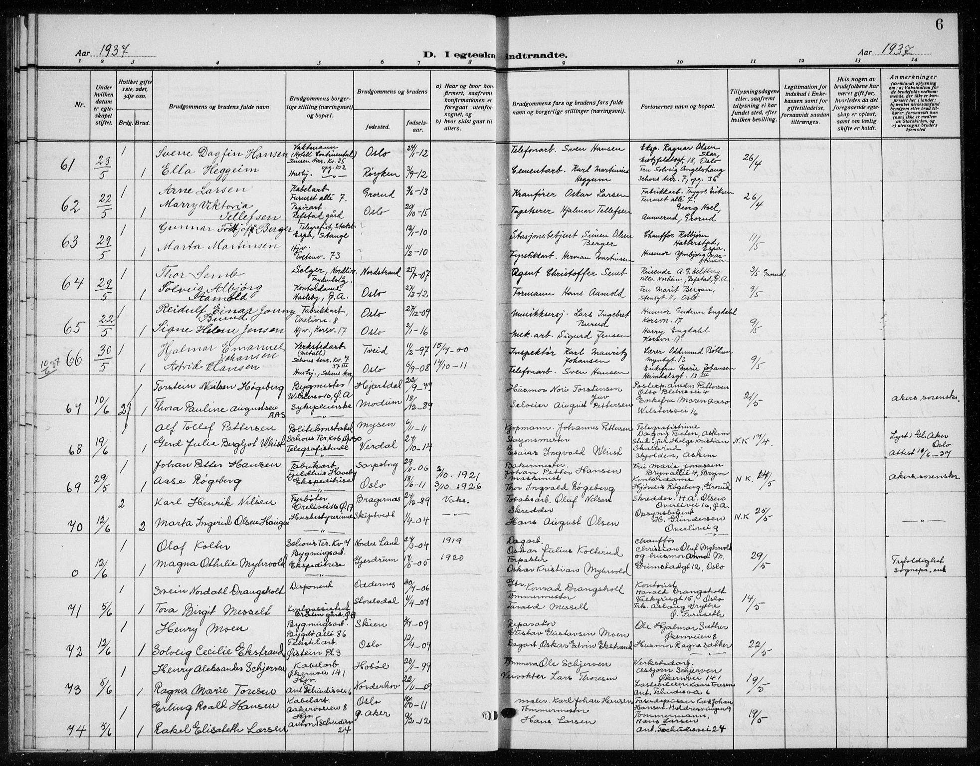 Østre Aker prestekontor Kirkebøker, AV/SAO-A-10840/G/Ga/L0007: Klokkerbok nr. I 7, 1937-1941, s. 6