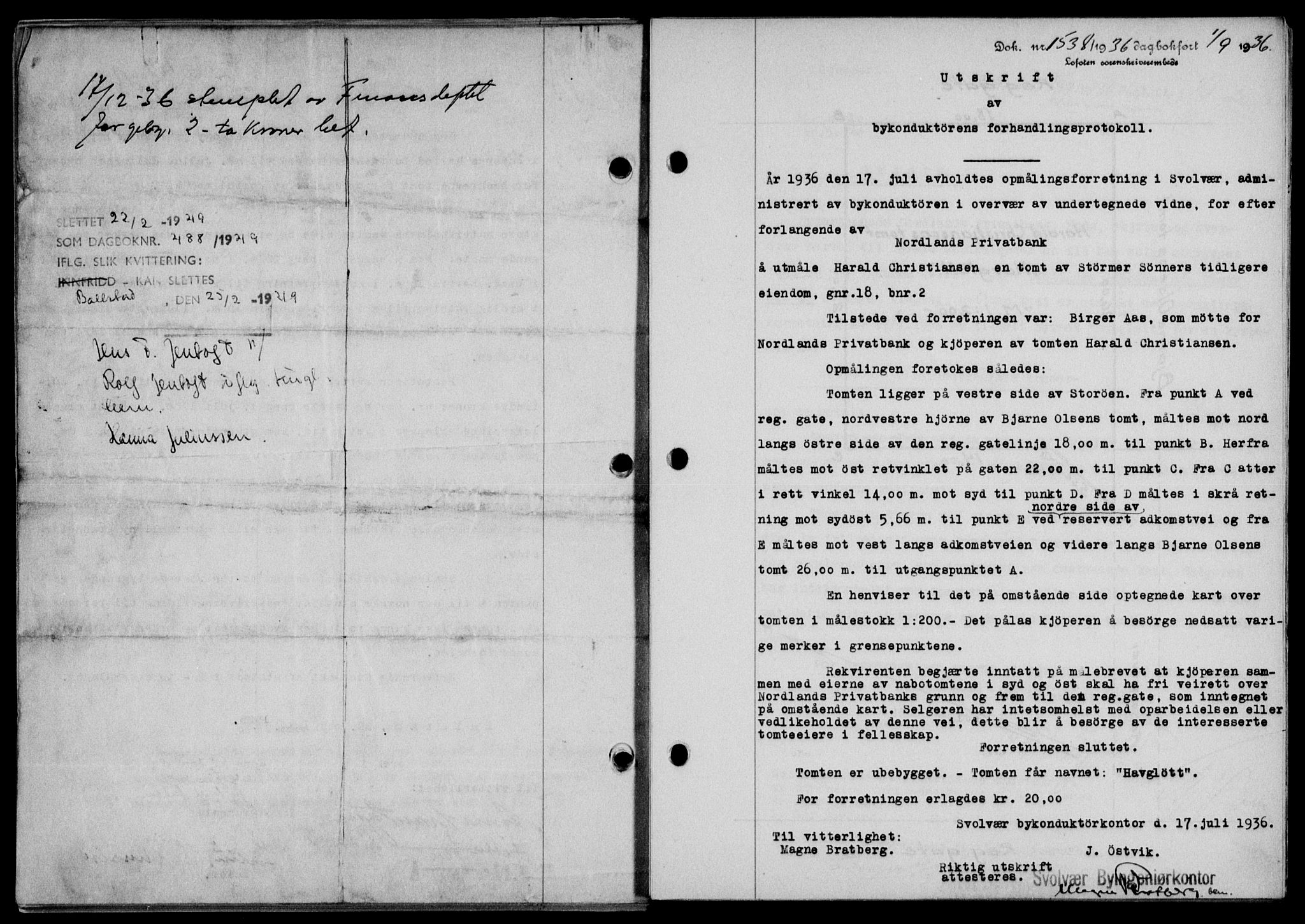 Lofoten sorenskriveri, SAT/A-0017/1/2/2C/L0001a: Pantebok nr. 1a, 1936-1937, Dagboknr: 1538/1936