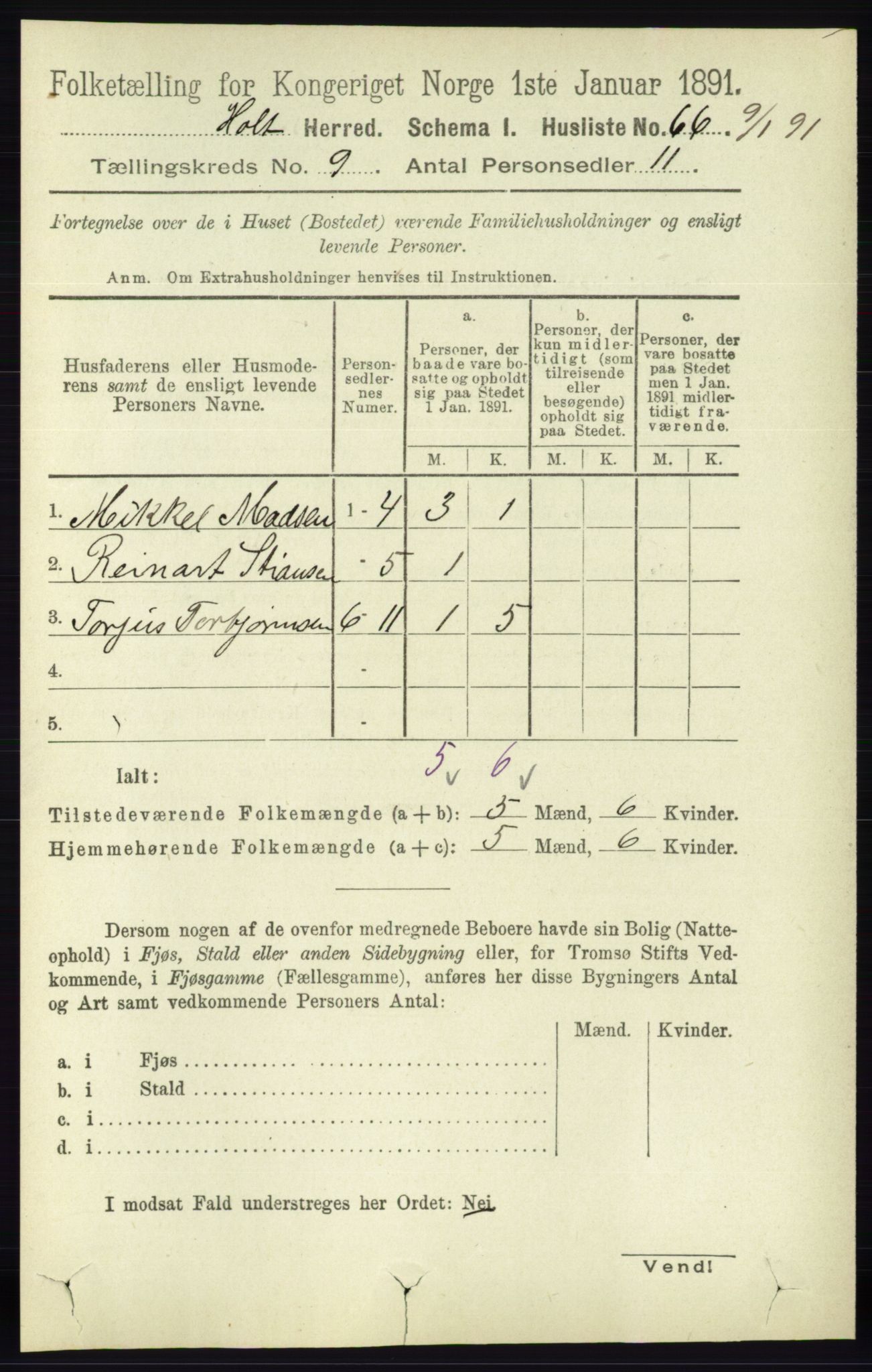 RA, Folketelling 1891 for 0914 Holt herred, 1891, s. 3935