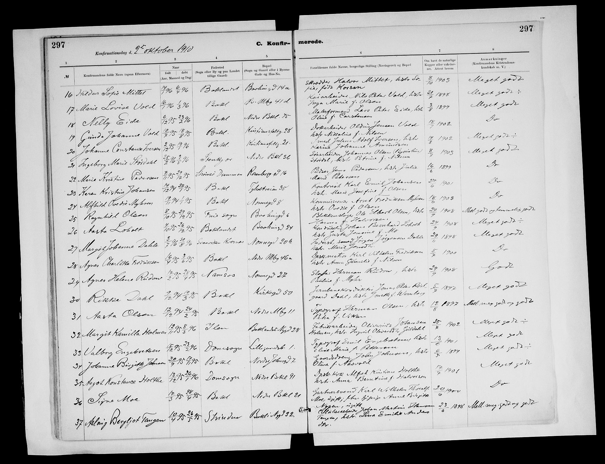 Ministerialprotokoller, klokkerbøker og fødselsregistre - Sør-Trøndelag, SAT/A-1456/604/L0203: Ministerialbok nr. 604A23, 1908-1916, s. 297