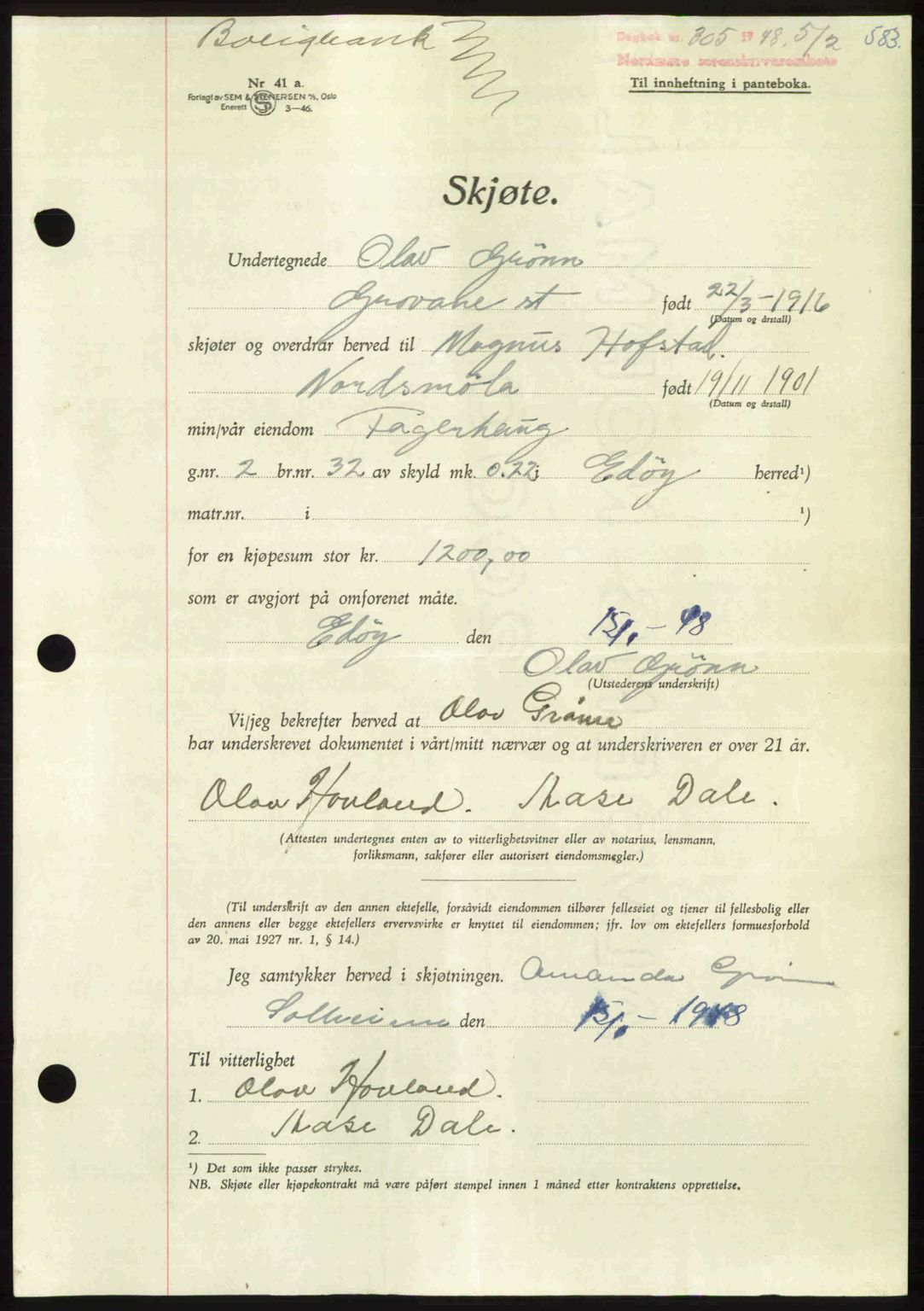 Nordmøre sorenskriveri, AV/SAT-A-4132/1/2/2Ca: Pantebok nr. A107, 1947-1948, Dagboknr: 305/1948