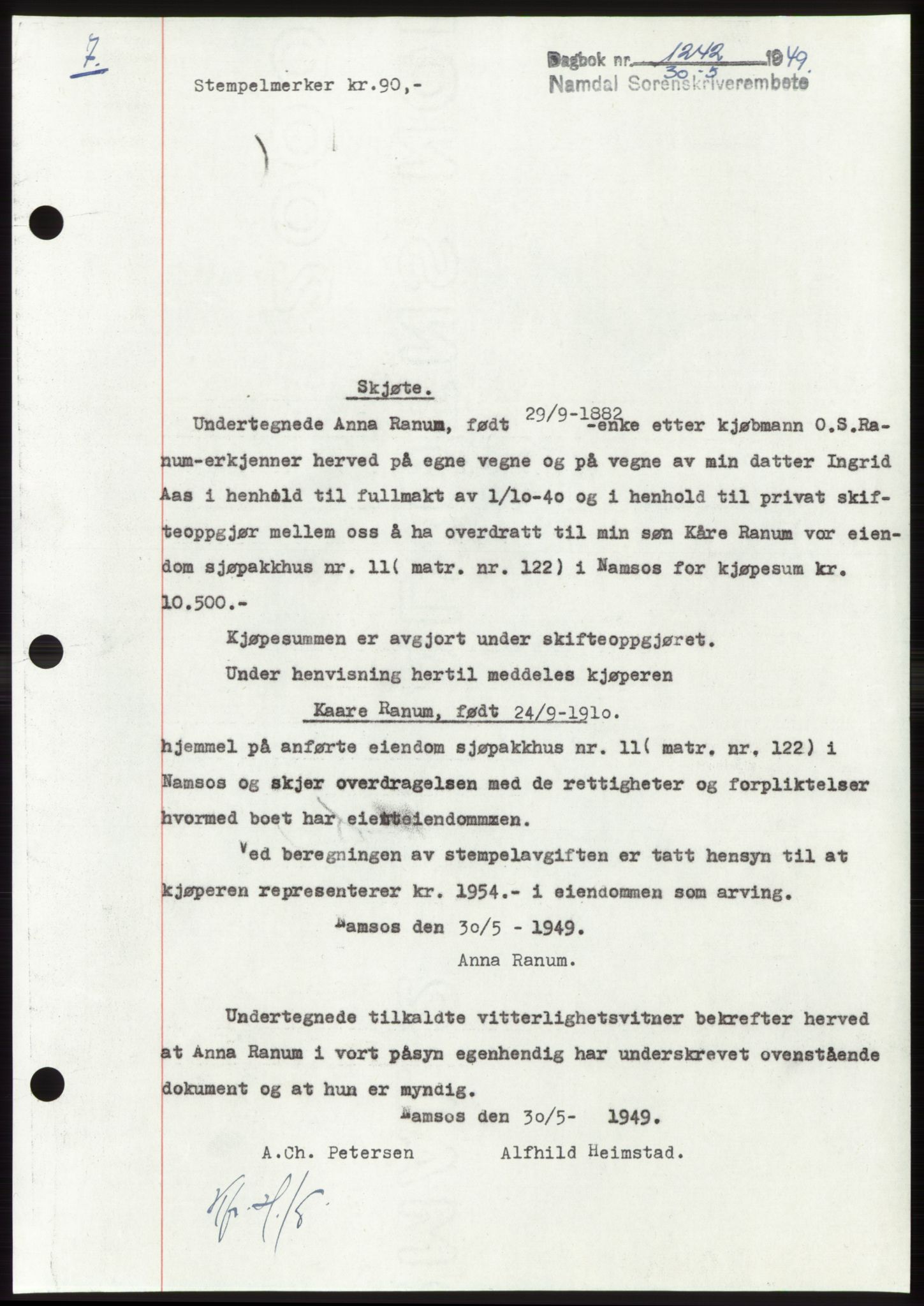 Namdal sorenskriveri, SAT/A-4133/1/2/2C: Pantebok nr. -, 1949-1949, Dagboknr: 1242/1949