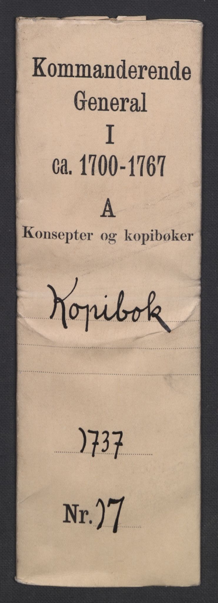 Kommanderende general (KG I) med Det norske krigsdirektorium, RA/EA-5419/B/L0017: Kommanderende generals kopibok, 1737