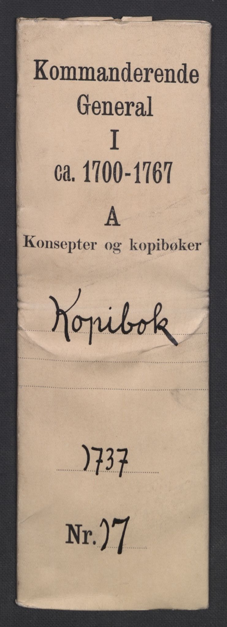 Kommanderende general (KG I) med Det norske krigsdirektorium, AV/RA-EA-5419/B/L0017: Kommanderende generals kopibok, 1737