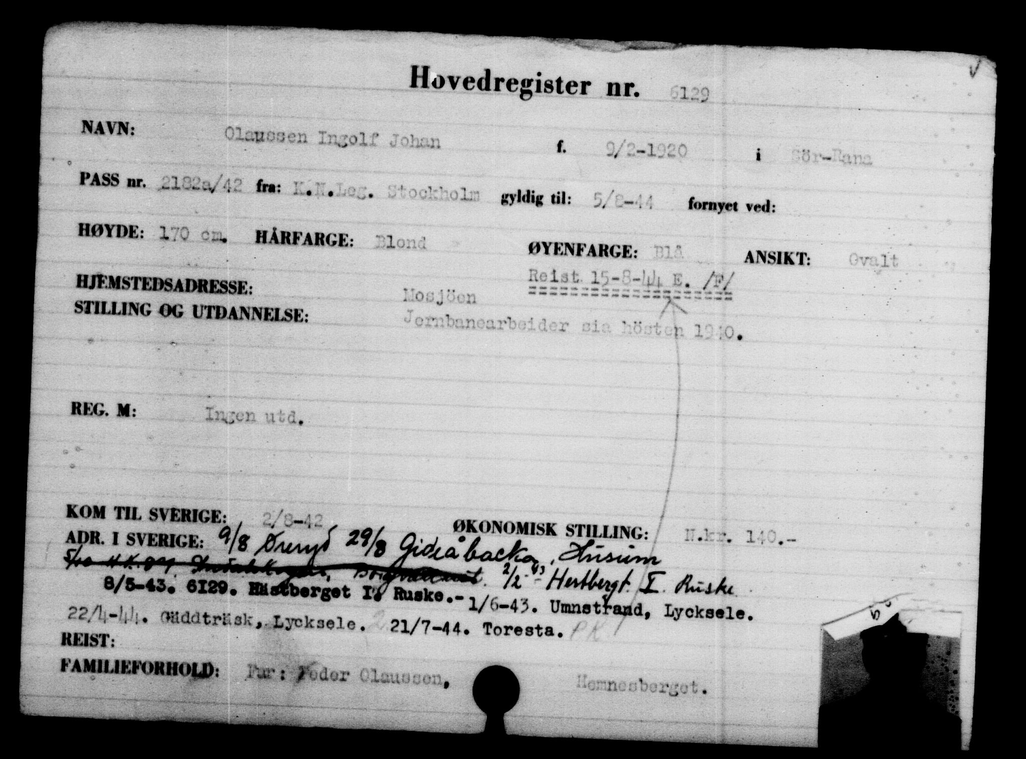 Utenriksstasjonene, Legasjonen i Stockholm, Flyktningkontoret, AV/RA-S-6753/V/Va/L0004: Kjesäterkartoteket, flyktninger med registreringsnr. 3496-6610, 1940-1945, s. 3086