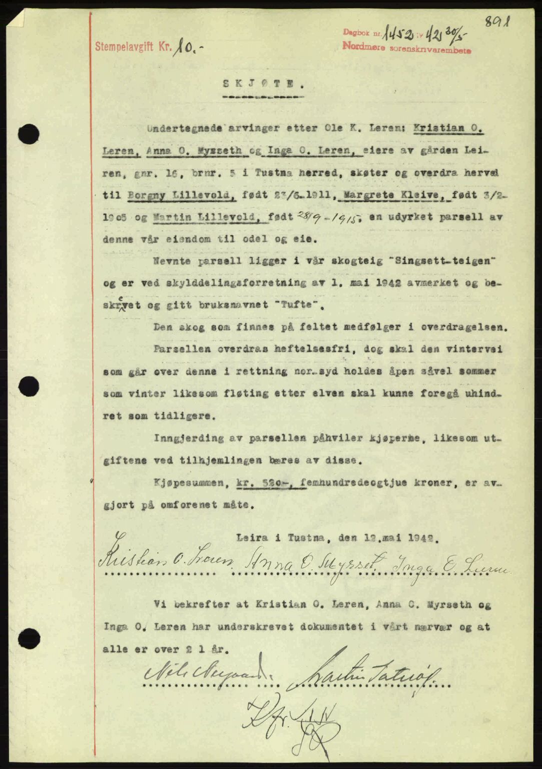 Nordmøre sorenskriveri, SAT/A-4132/1/2/2Ca: Pantebok nr. A92, 1942-1942, Dagboknr: 1452/1942