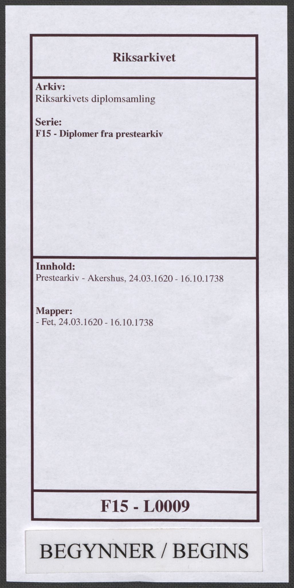 Riksarkivets diplomsamling, RA/EA-5965/F15/L0009: Prestearkiv - Akershus, 1620-1738, s. 1