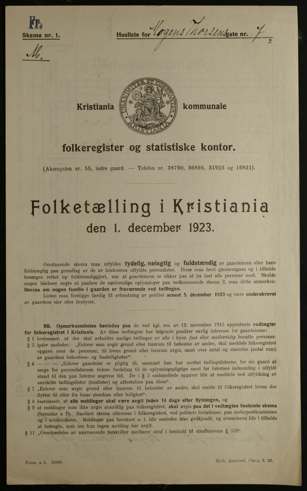 OBA, Kommunal folketelling 1.12.1923 for Kristiania, 1923, s. 72563