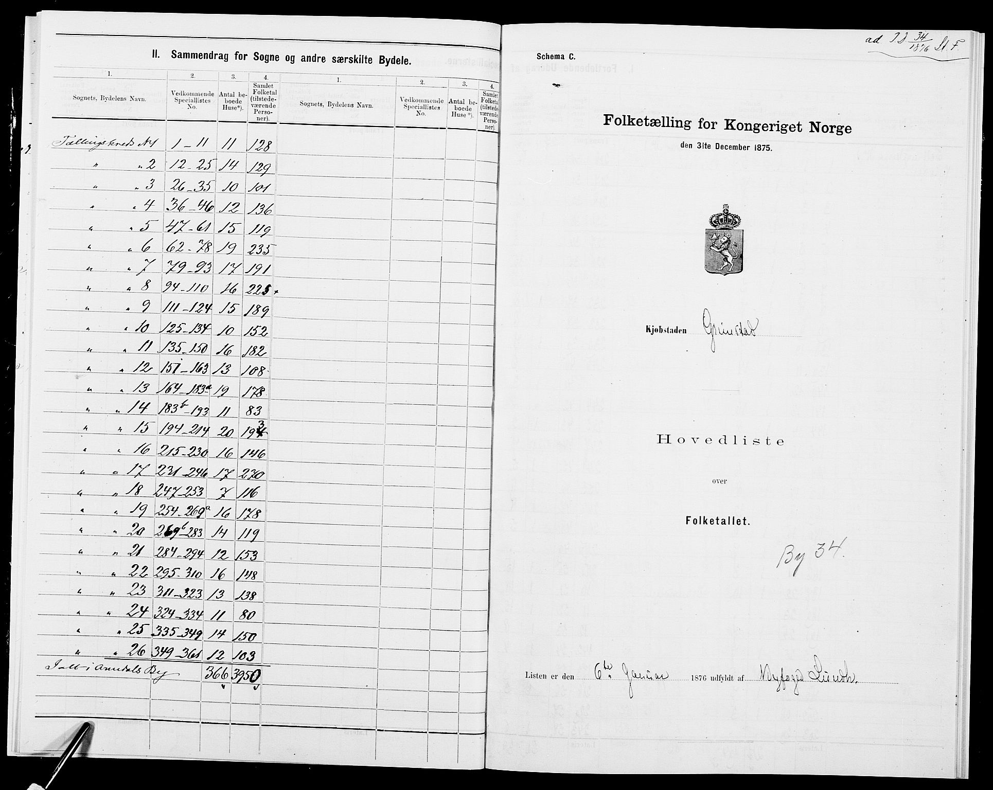 SAK, Folketelling 1875 for 0904B Fjære prestegjeld, Grimstad kjøpstad, 1875, s. 1