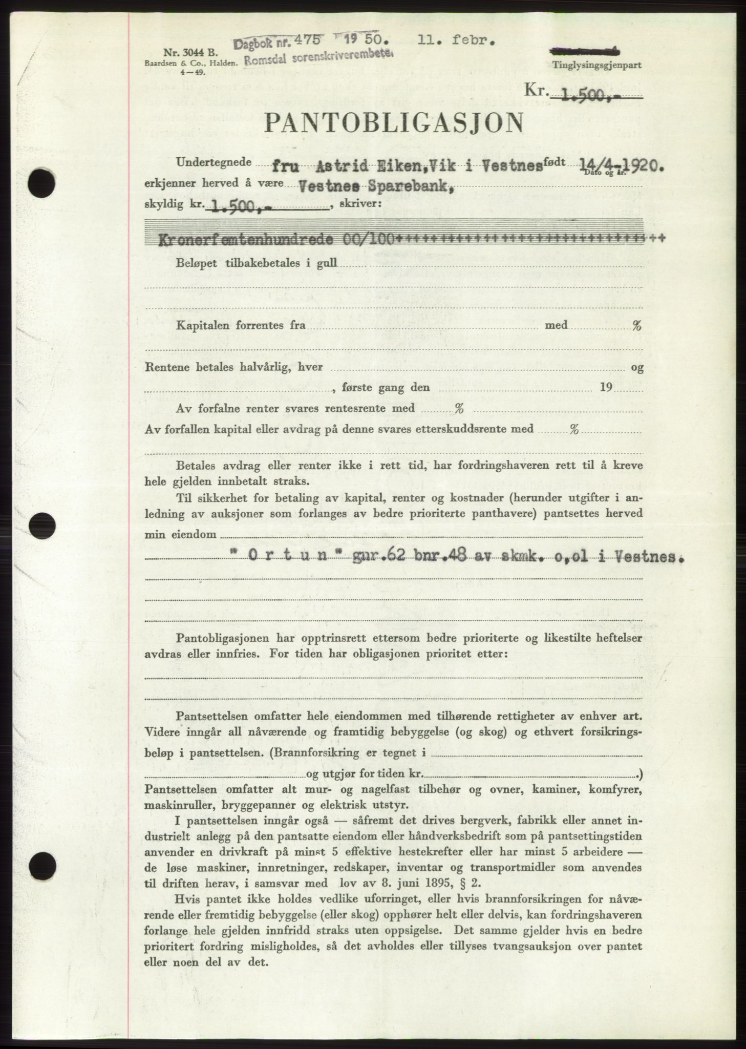 Romsdal sorenskriveri, AV/SAT-A-4149/1/2/2C: Pantebok nr. B5, 1949-1950, Dagboknr: 475/1950