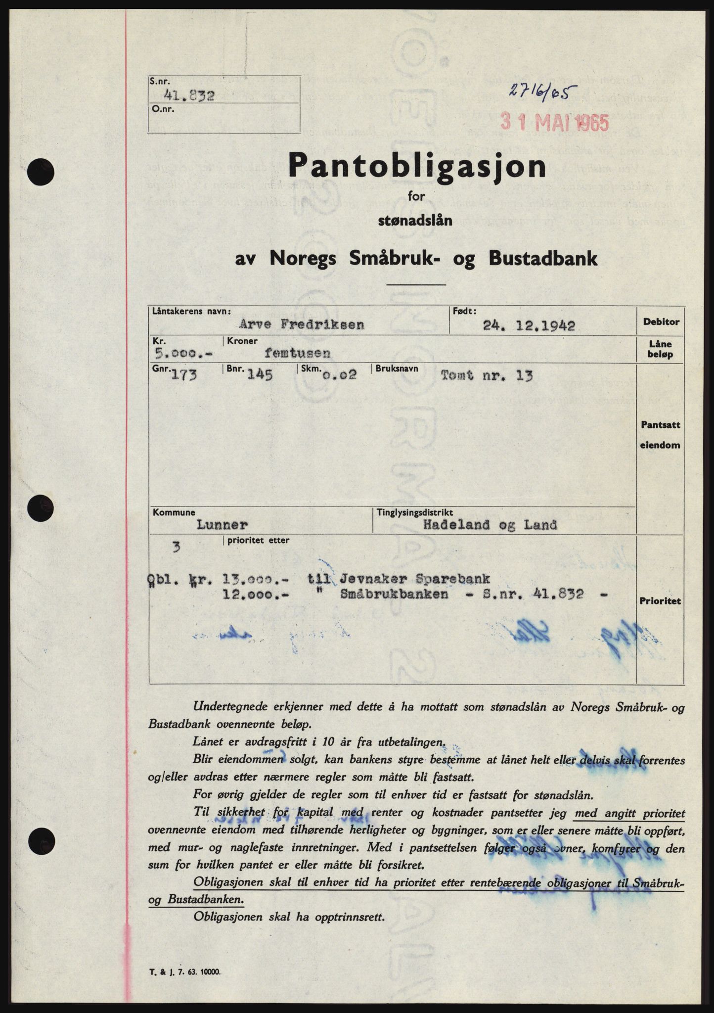 Hadeland og Land tingrett, SAH/TING-010/H/Hb/Hbc/L0059: Pantebok nr. B59, 1965-1965, Dagboknr: 2716/1965