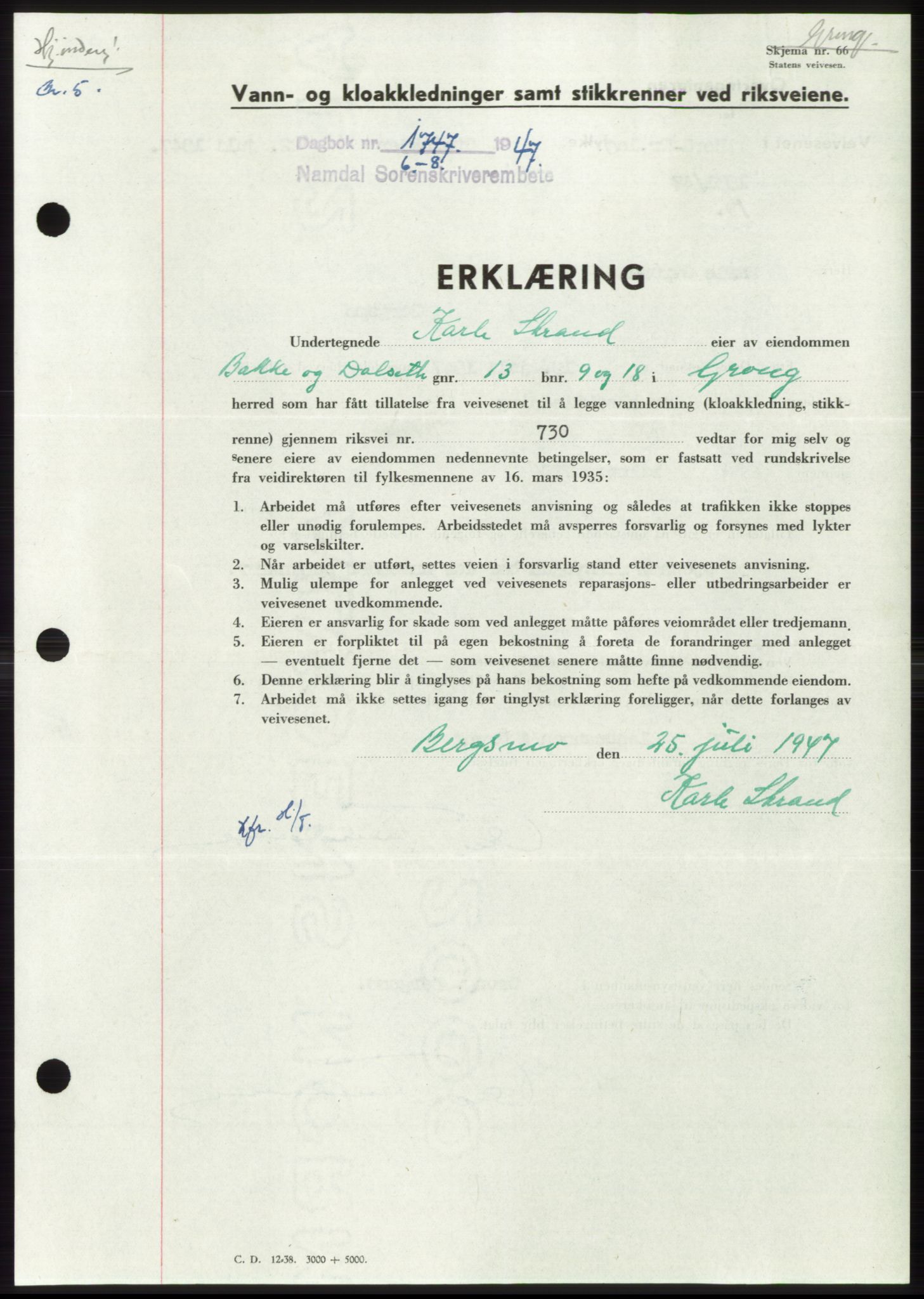 Namdal sorenskriveri, SAT/A-4133/1/2/2C: Pantebok nr. -, 1947-1947, Dagboknr: 1747/1947