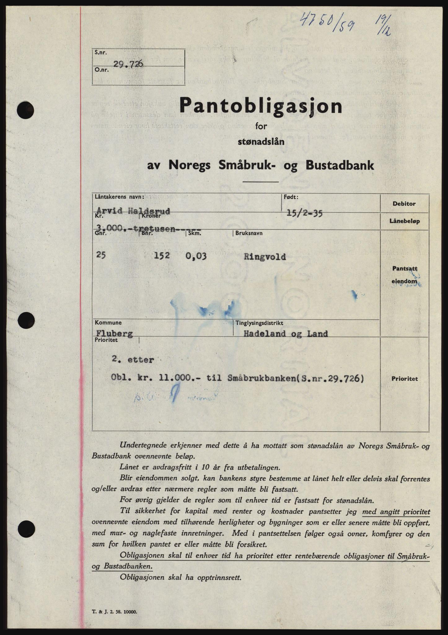 Hadeland og Land tingrett, SAH/TING-010/H/Hb/Hbc/L0042: Pantebok nr. B42, 1959-1960, Dagboknr: 4750/1959