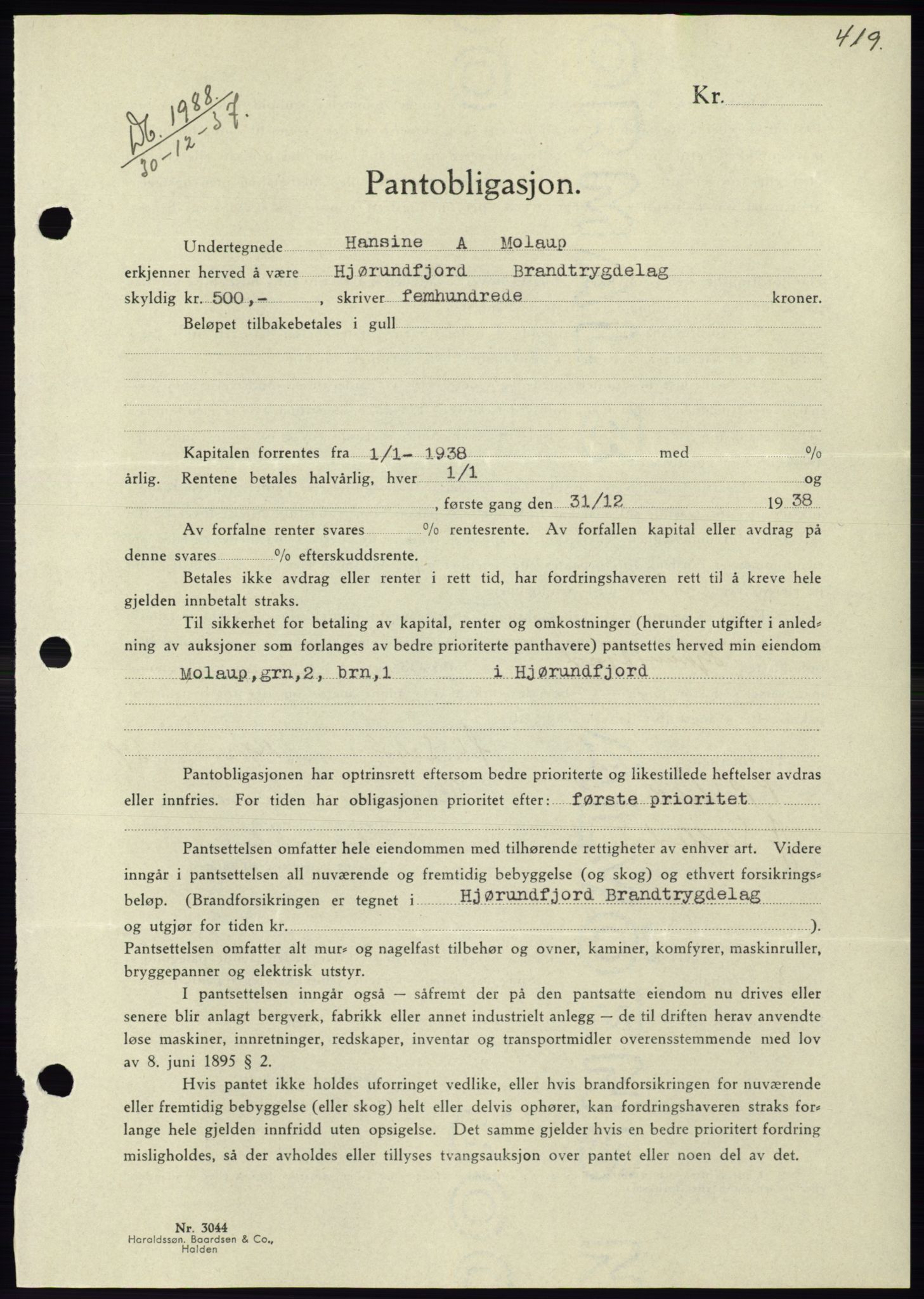 Søre Sunnmøre sorenskriveri, SAT/A-4122/1/2/2C/L0064: Pantebok nr. 58, 1937-1938, Dagboknr: 1988/1937
