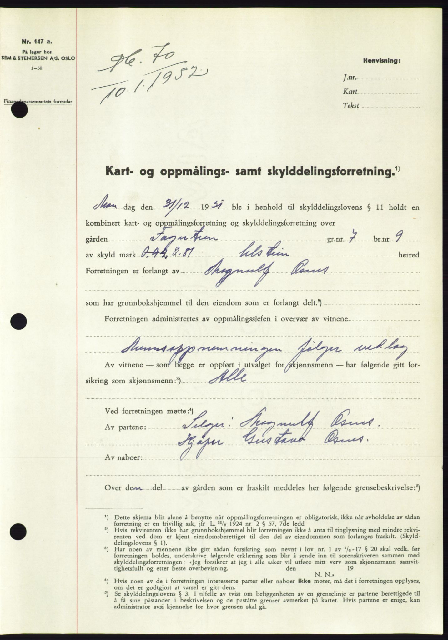 Søre Sunnmøre sorenskriveri, SAT/A-4122/1/2/2C/L0091: Pantebok nr. 17A, 1951-1952, Dagboknr: 70/1952