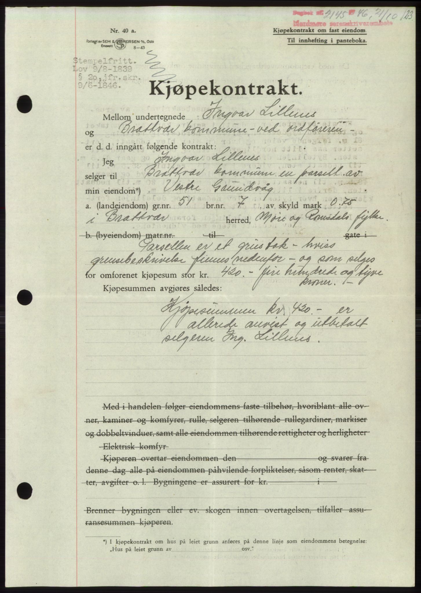Nordmøre sorenskriveri, SAT/A-4132/1/2/2Ca: Pantebok nr. B95, 1946-1947, Dagboknr: 2145/1946