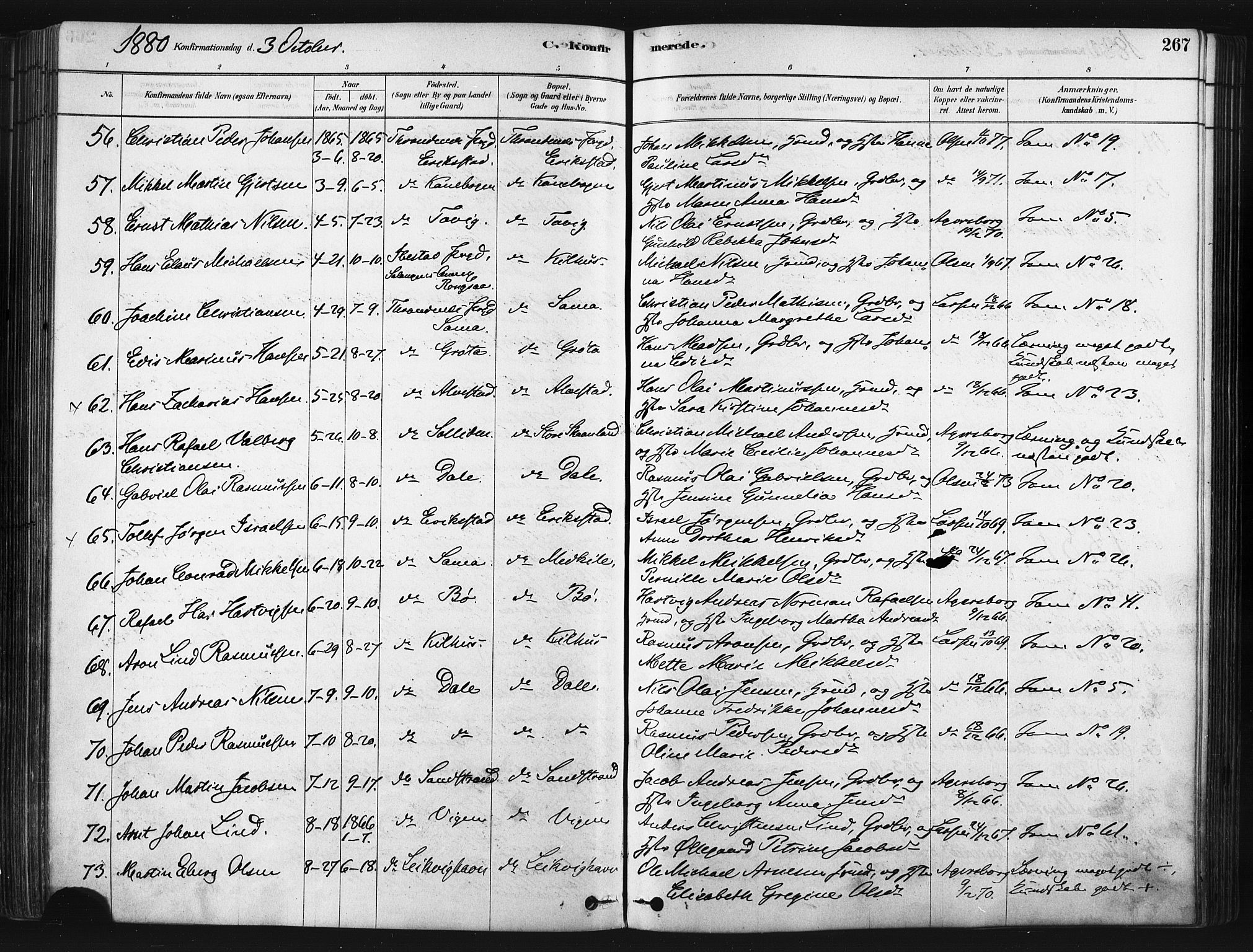 Trondenes sokneprestkontor, AV/SATØ-S-1319/H/Ha/L0014kirke: Ministerialbok nr. 14, 1878-1889, s. 267