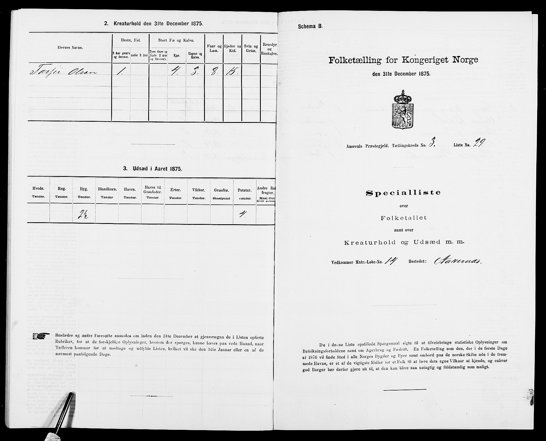 SAK, Folketelling 1875 for 0980P Åseral prestegjeld, 1875, s. 277