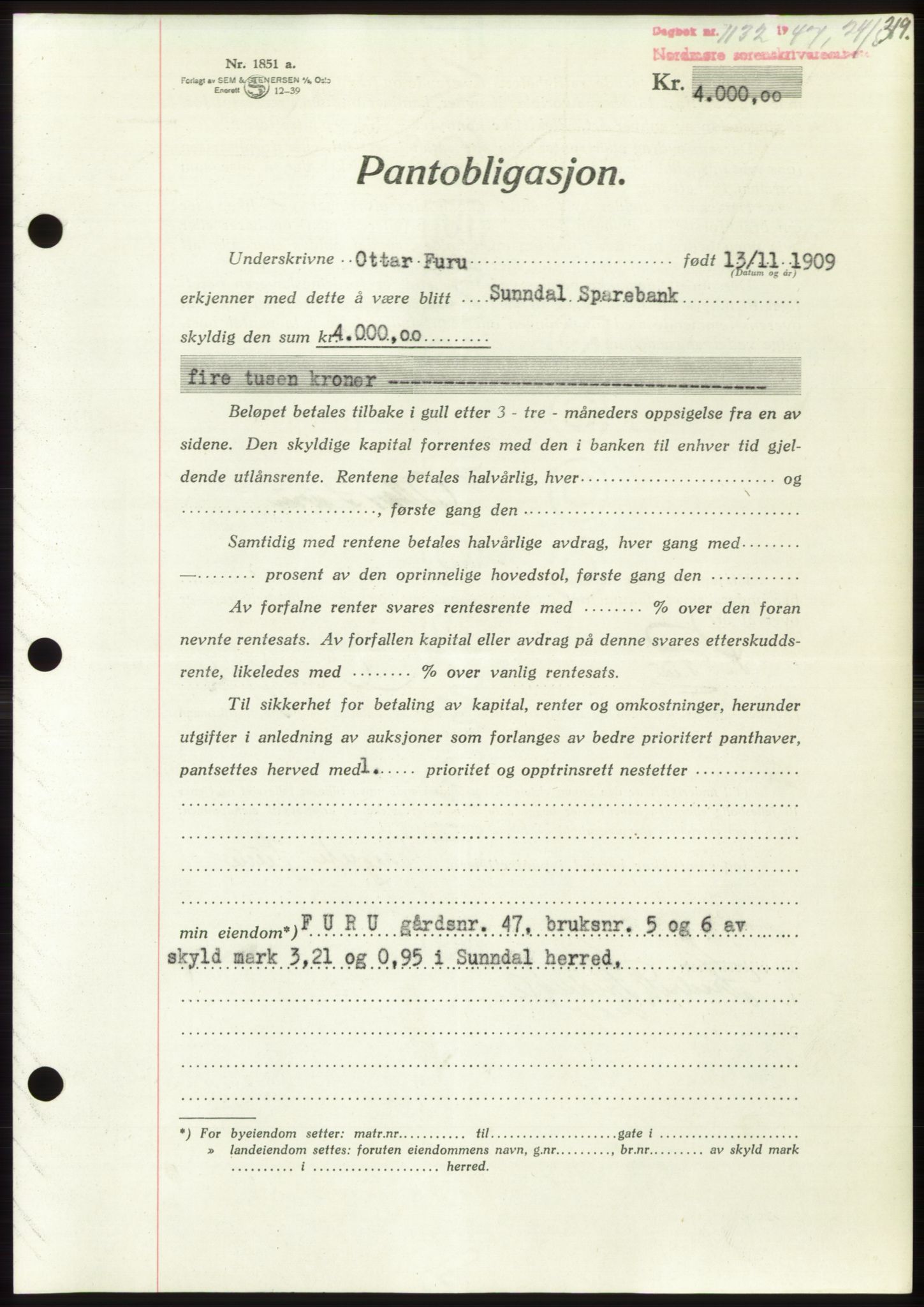 Nordmøre sorenskriveri, AV/SAT-A-4132/1/2/2Ca: Pantebok nr. B96, 1947-1947, Dagboknr: 1132/1947