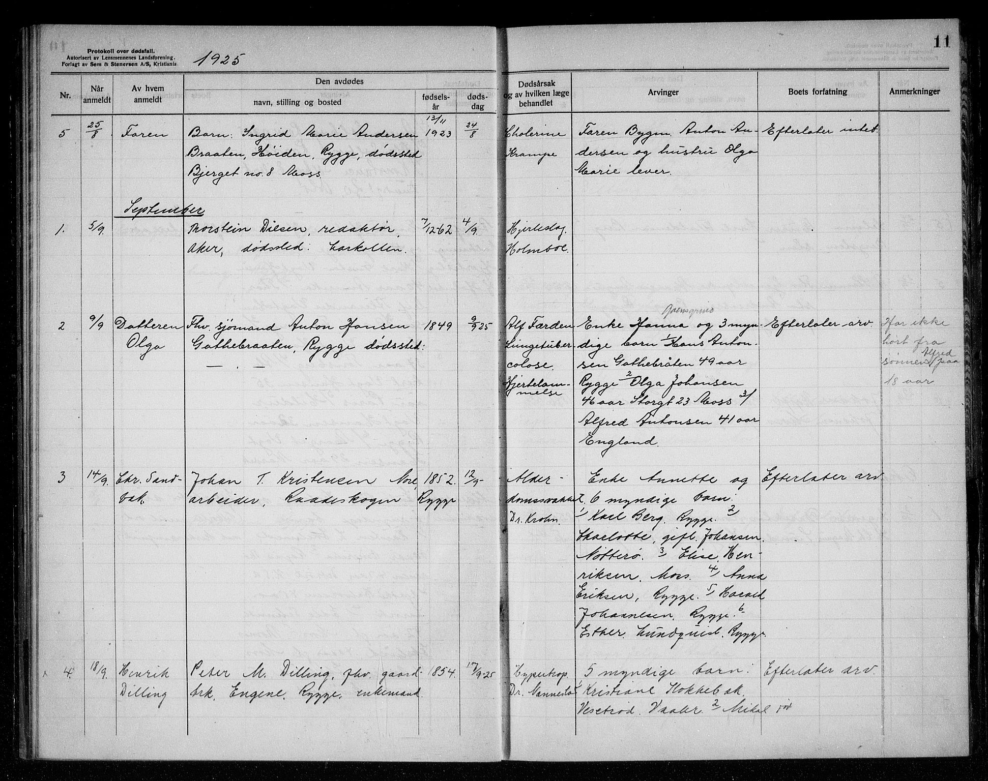 Rygge lensmannskontor, AV/SAO-A-10005/H/Ha/Haa/L0008: Dødsfallsprotokoll, 1925-1929, s. 11