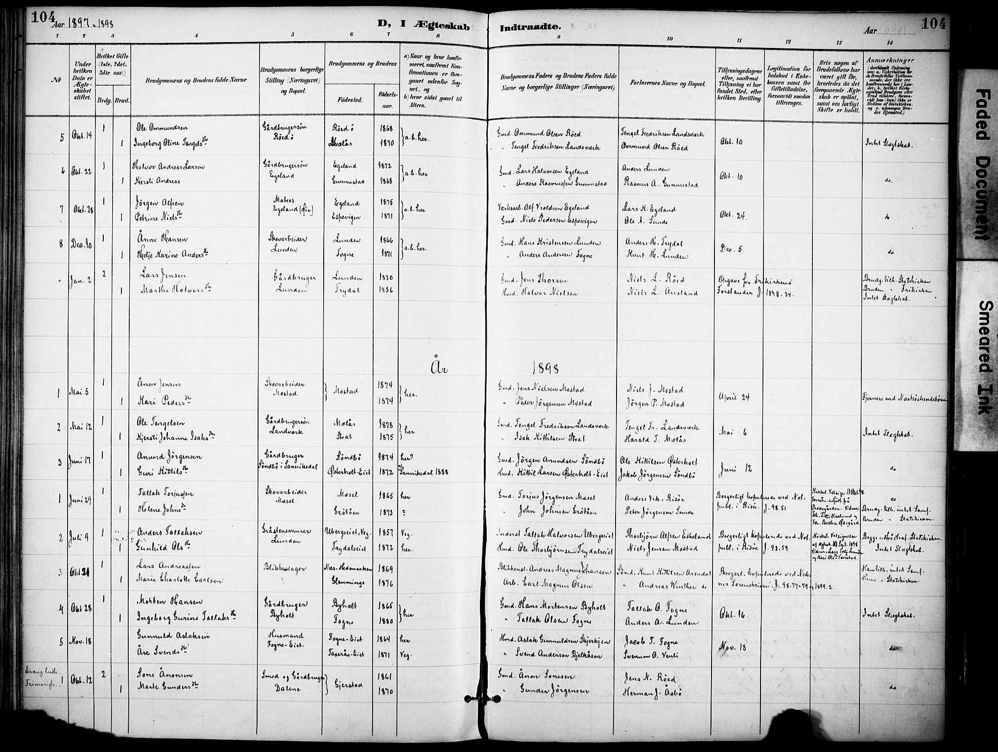 Gjerstad sokneprestkontor, AV/SAK-1111-0014/F/Fa/Faa/L0010: Ministerialbok nr. A 10, 1891-1902, s. 104