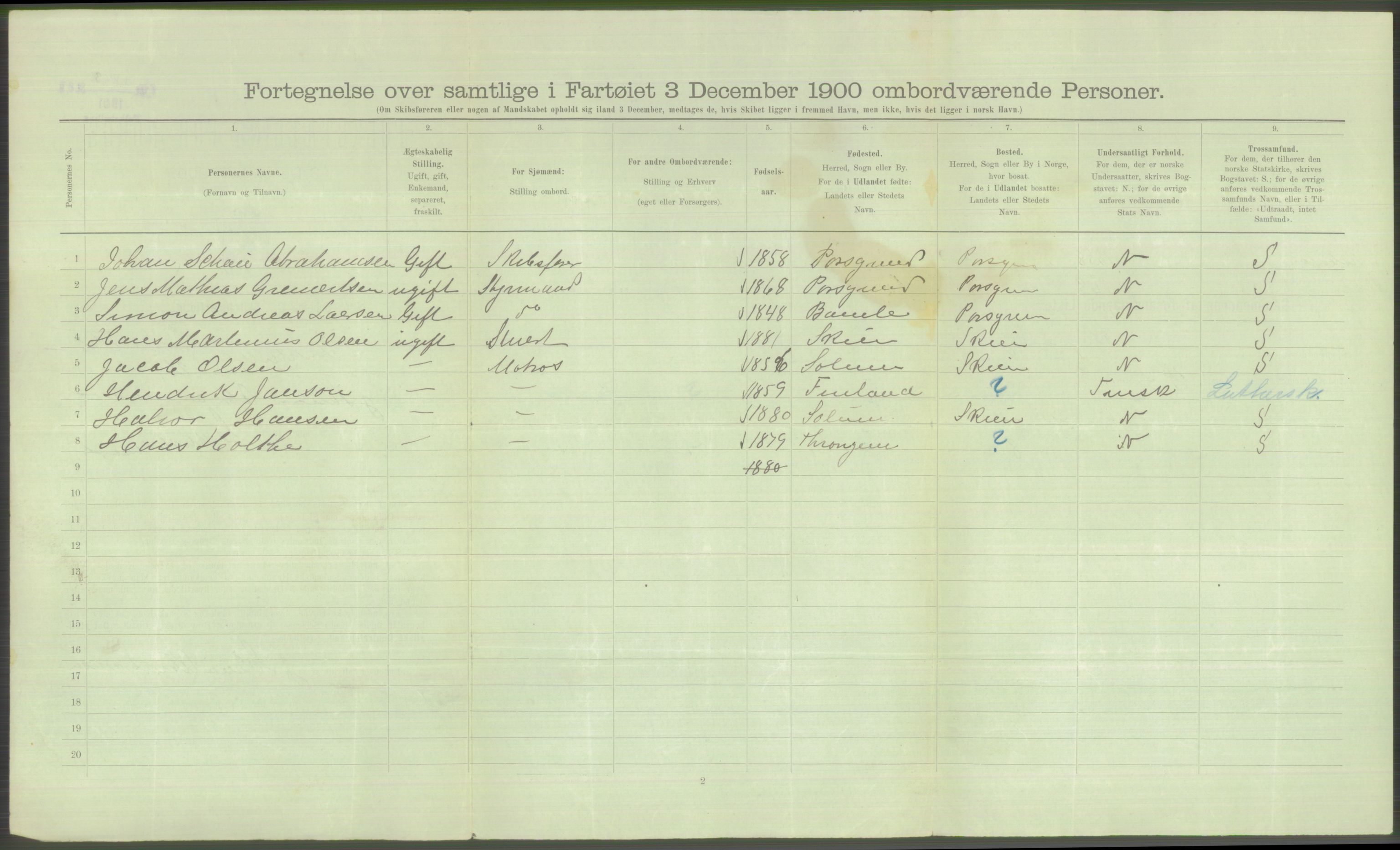 RA, Folketelling 1900 - skipslister med personlister for skip i norske havner, utenlandske havner og til havs, 1900, s. 372