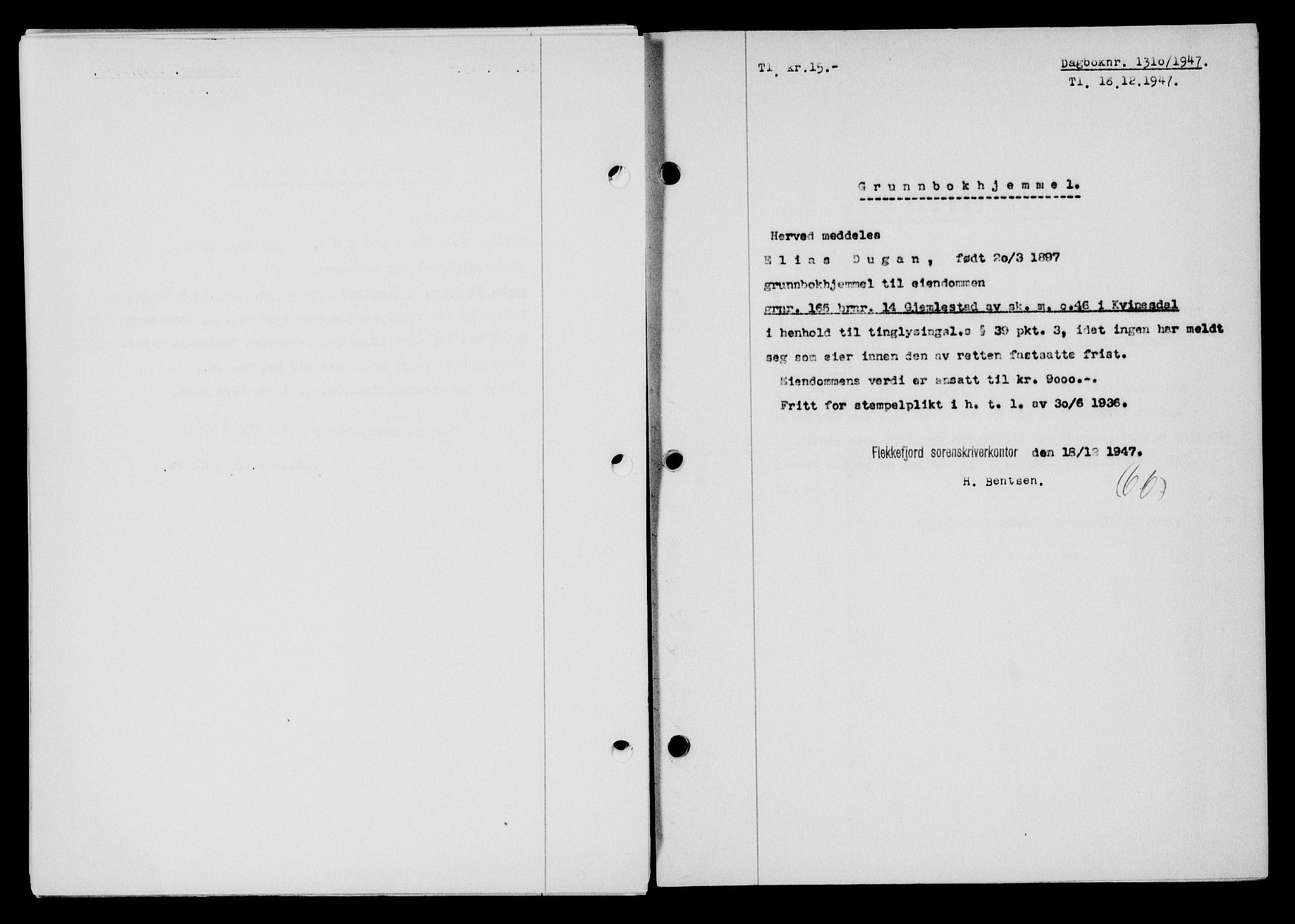 Flekkefjord sorenskriveri, SAK/1221-0001/G/Gb/Gba/L0063: Pantebok nr. A-11, 1947-1948, Dagboknr: 1310/1947