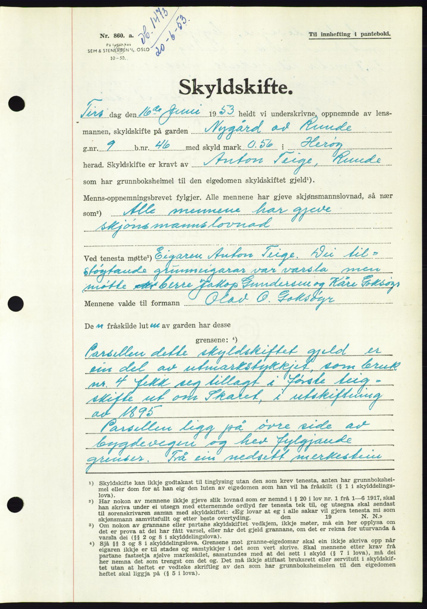 Søre Sunnmøre sorenskriveri, AV/SAT-A-4122/1/2/2C/L0095: Pantebok nr. 21A, 1953-1953, Dagboknr: 1473/1953