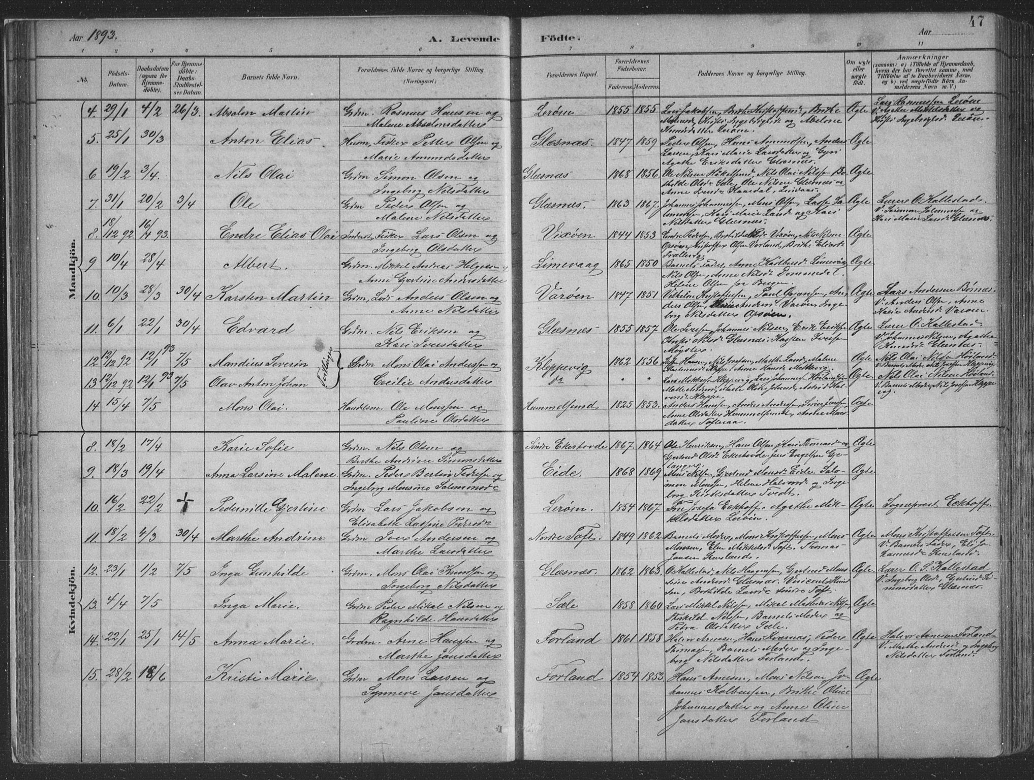 Sund sokneprestembete, AV/SAB-A-99930: Klokkerbok nr. B 3, 1882-1911, s. 47