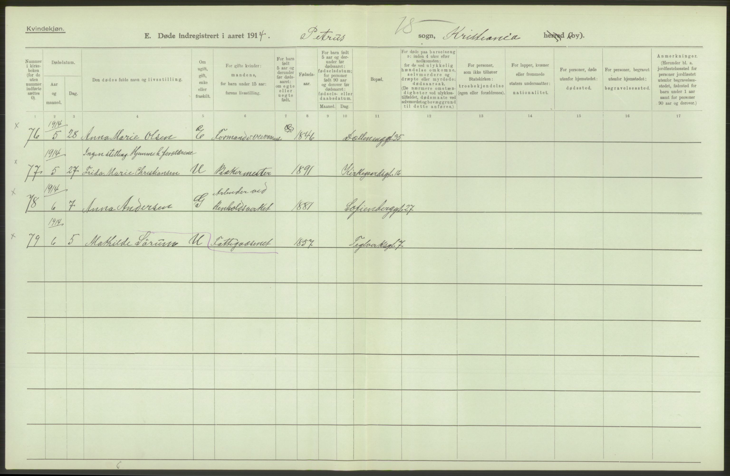 Statistisk sentralbyrå, Sosiodemografiske emner, Befolkning, AV/RA-S-2228/D/Df/Dfb/Dfbd/L0008: Kristiania: Døde, 1914, s. 378