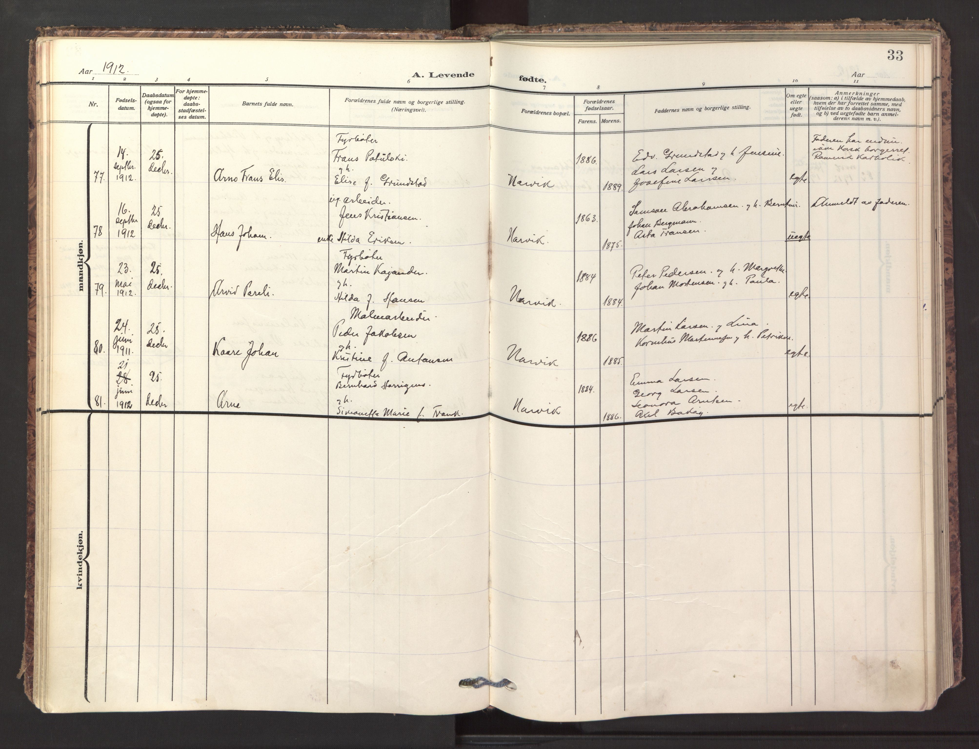 Ministerialprotokoller, klokkerbøker og fødselsregistre - Nordland, AV/SAT-A-1459/871/L1001: Ministerialbok nr. 871A17, 1911-1921, s. 33