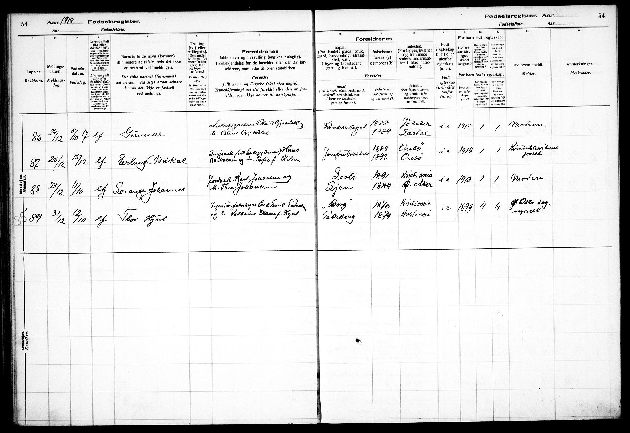 Nordstrand prestekontor Kirkebøker, AV/SAO-A-10362a/J/Ja/L0001: Fødselsregister nr. I 1, 1916-1924, s. 54