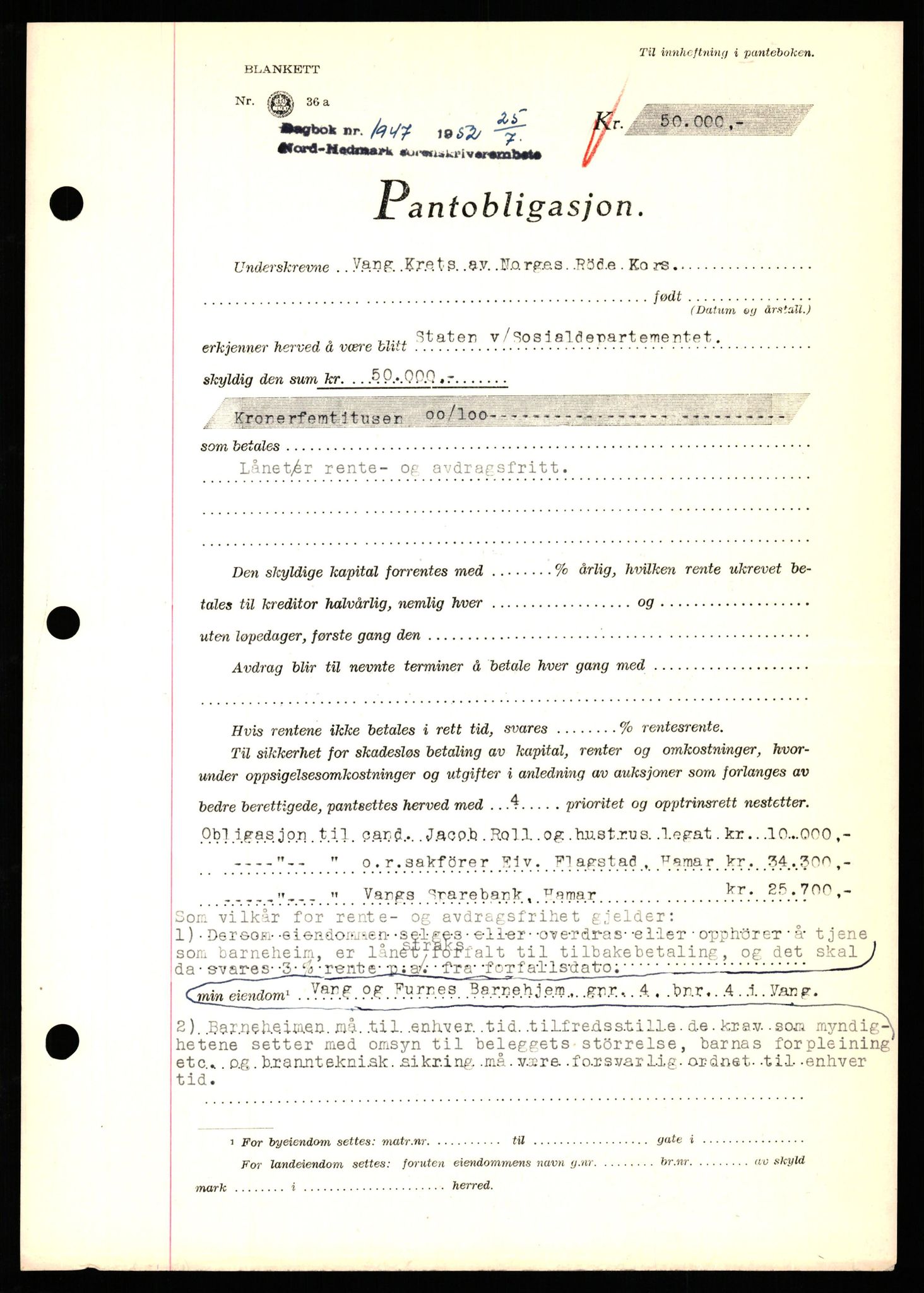 Nord-Hedmark sorenskriveri, SAH/TING-012/H/Hb/Hbf/L0025: Pantebok nr. B25, 1952-1952, Dagboknr: 1947/1952
