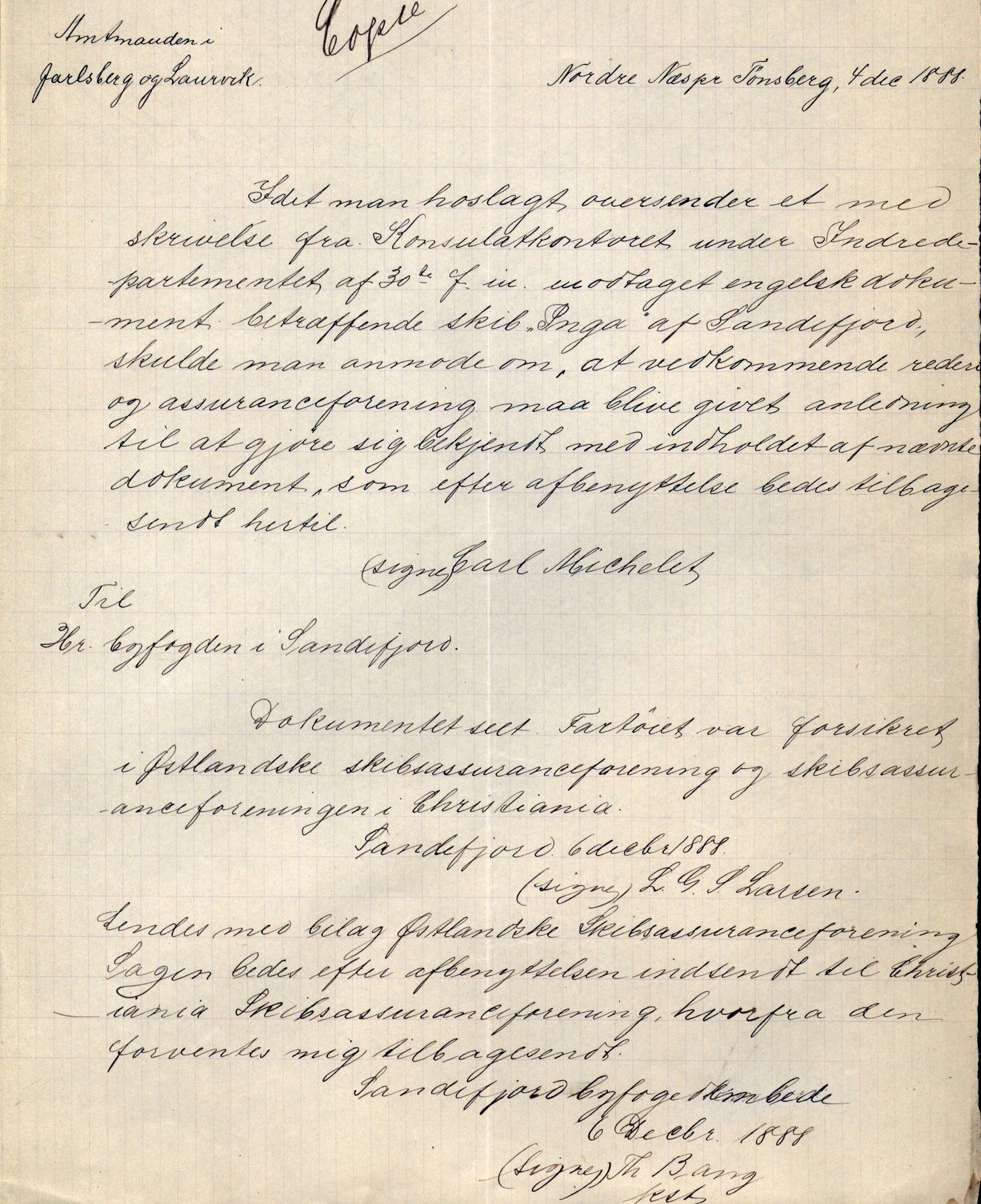 Pa 63 - Østlandske skibsassuranceforening, VEMU/A-1079/G/Ga/L0021/0003: Havaridokumenter / Inga av Drammen, Inga av Sandefjord, Primula, 1888-1889, s. 26