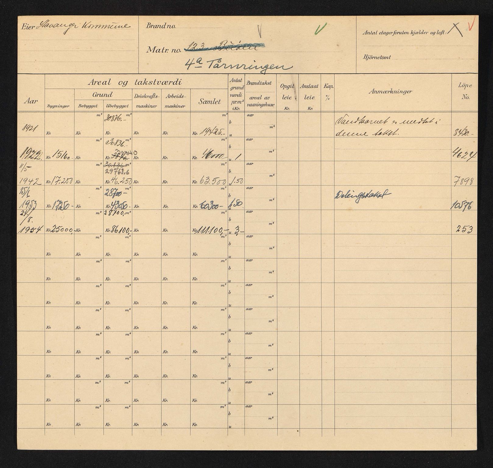 Stavanger kommune. Skattetakstvesenet, BYST/A-0440/F/Fa/Faa/L0044/0002: Skattetakstkort / Tårnringen 1 - 20